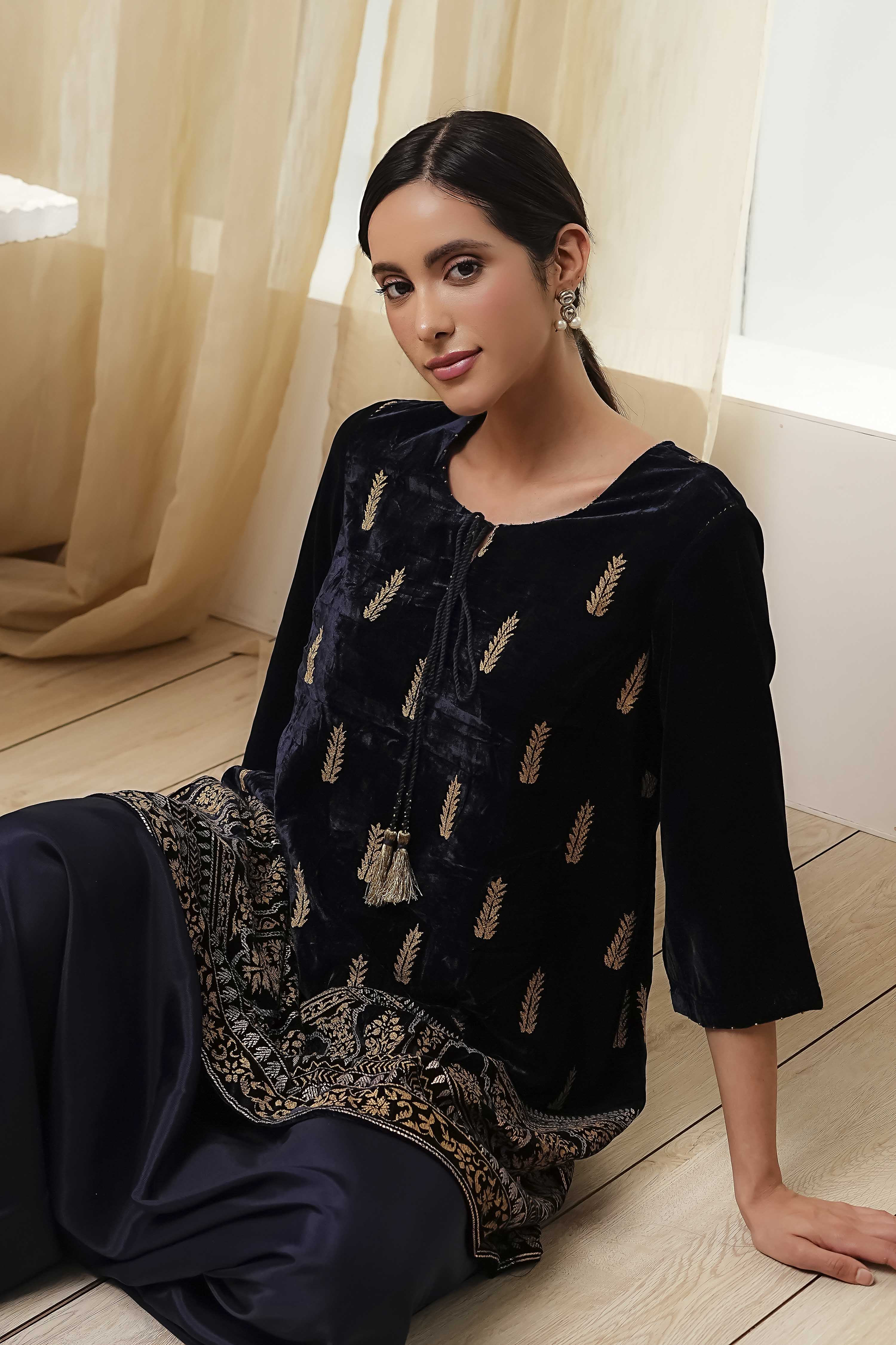 Navy Blue Polyester Straight Kurta Pants Set image number 7