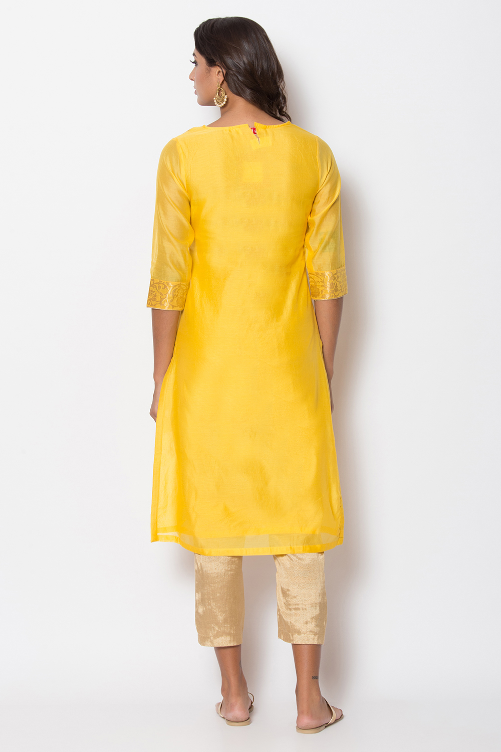 Yellow Poly Metallic Cotton Straight Yarndyed Kurta image number 4