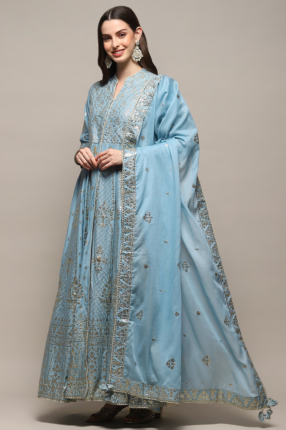 Pastel Blue Cotton Anarkali Kurta Sharara Suit Set image number 0