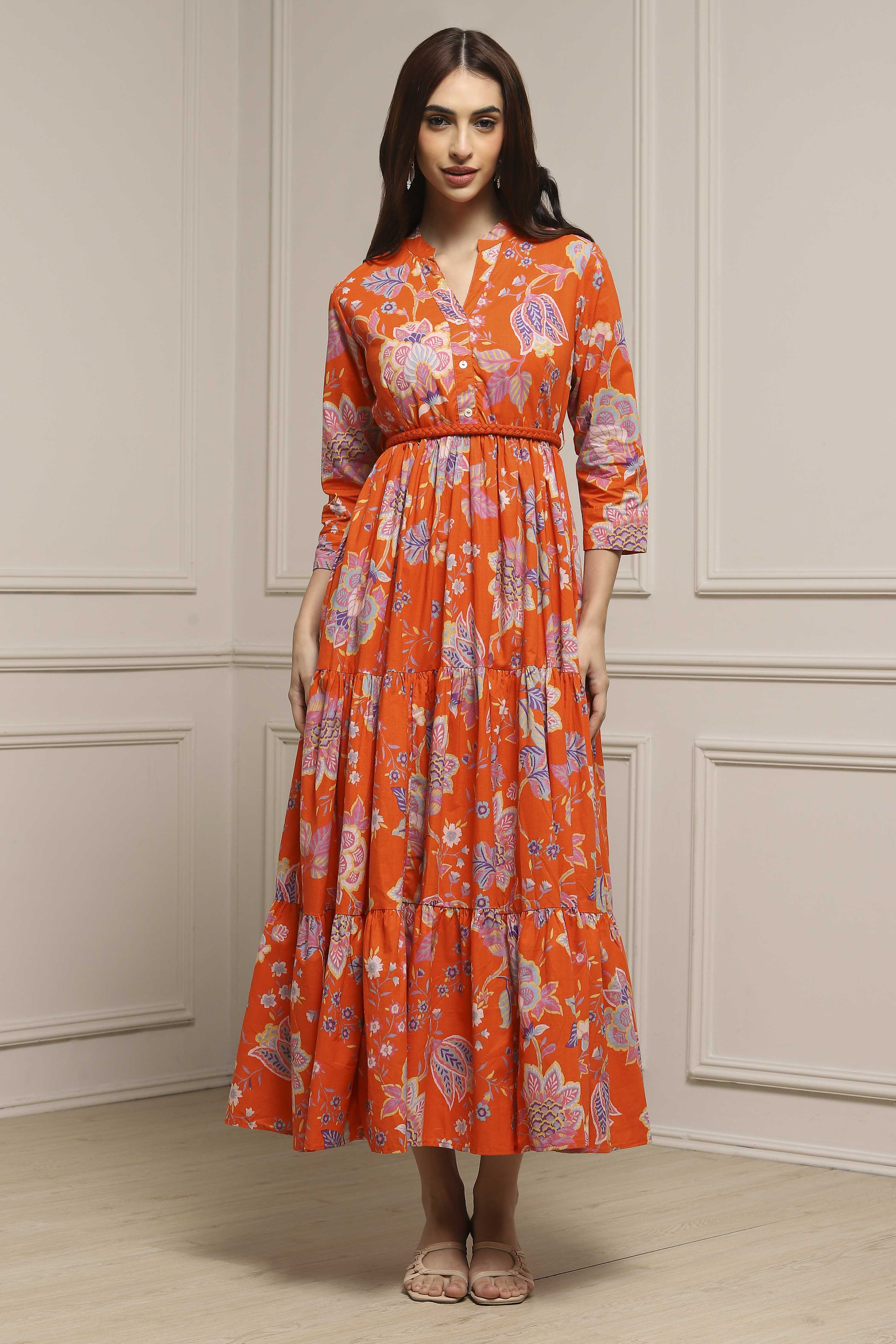 Earthy Blue Cotton Floral Tiered Dress image number 5