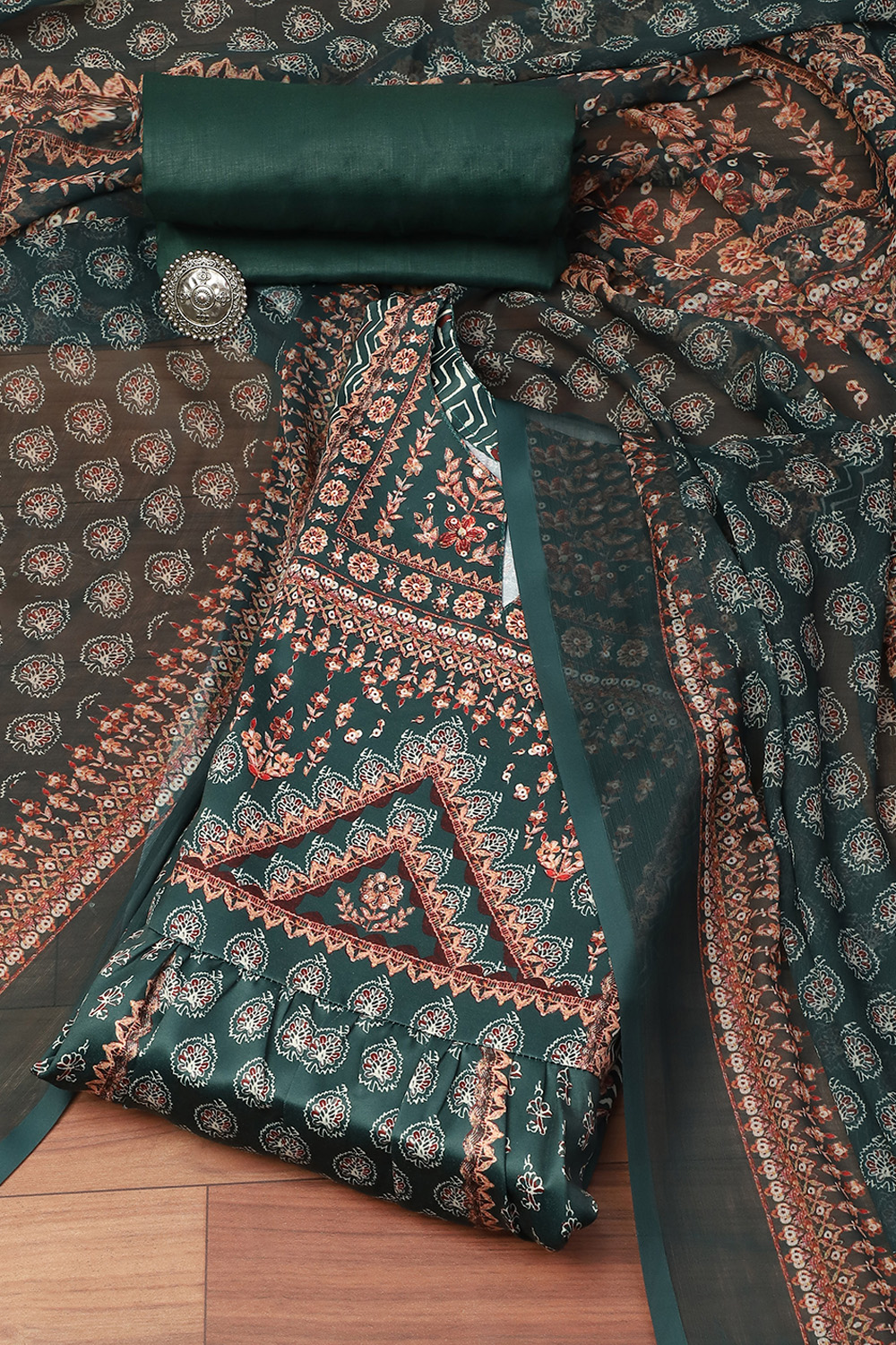 Green Discharge Butta Print Cotton Suit Set main image 1