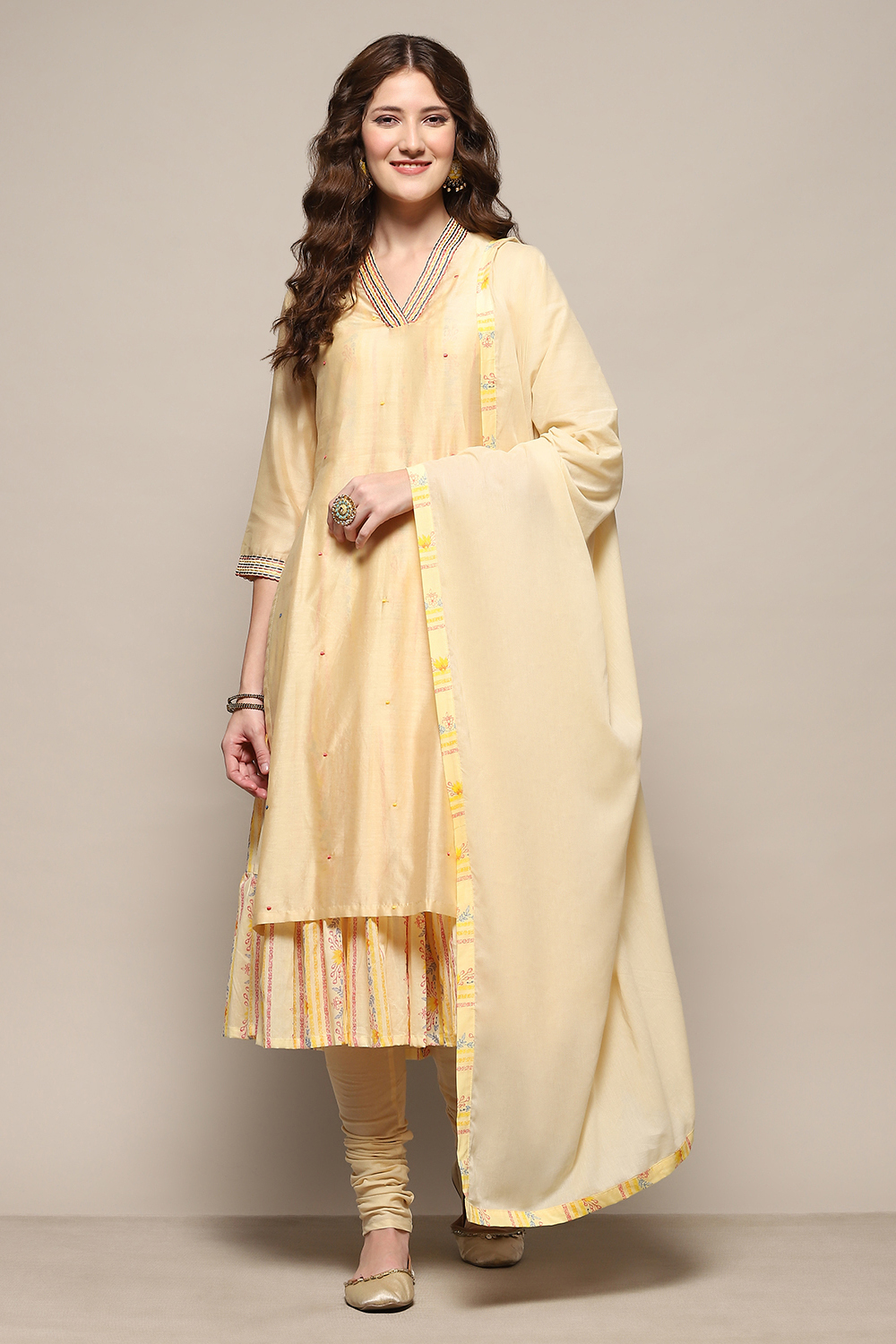 Beige Cotton Blend Embroidered Layered Suit Set image number 7