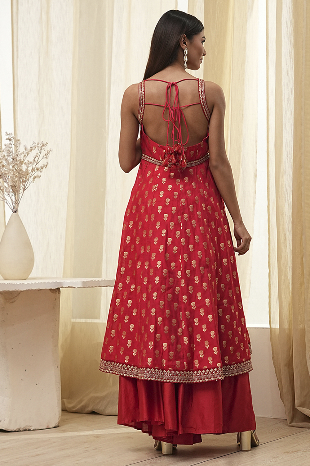 Red Yarn-Dyed Strappy Anarkali Suit Set image number 4