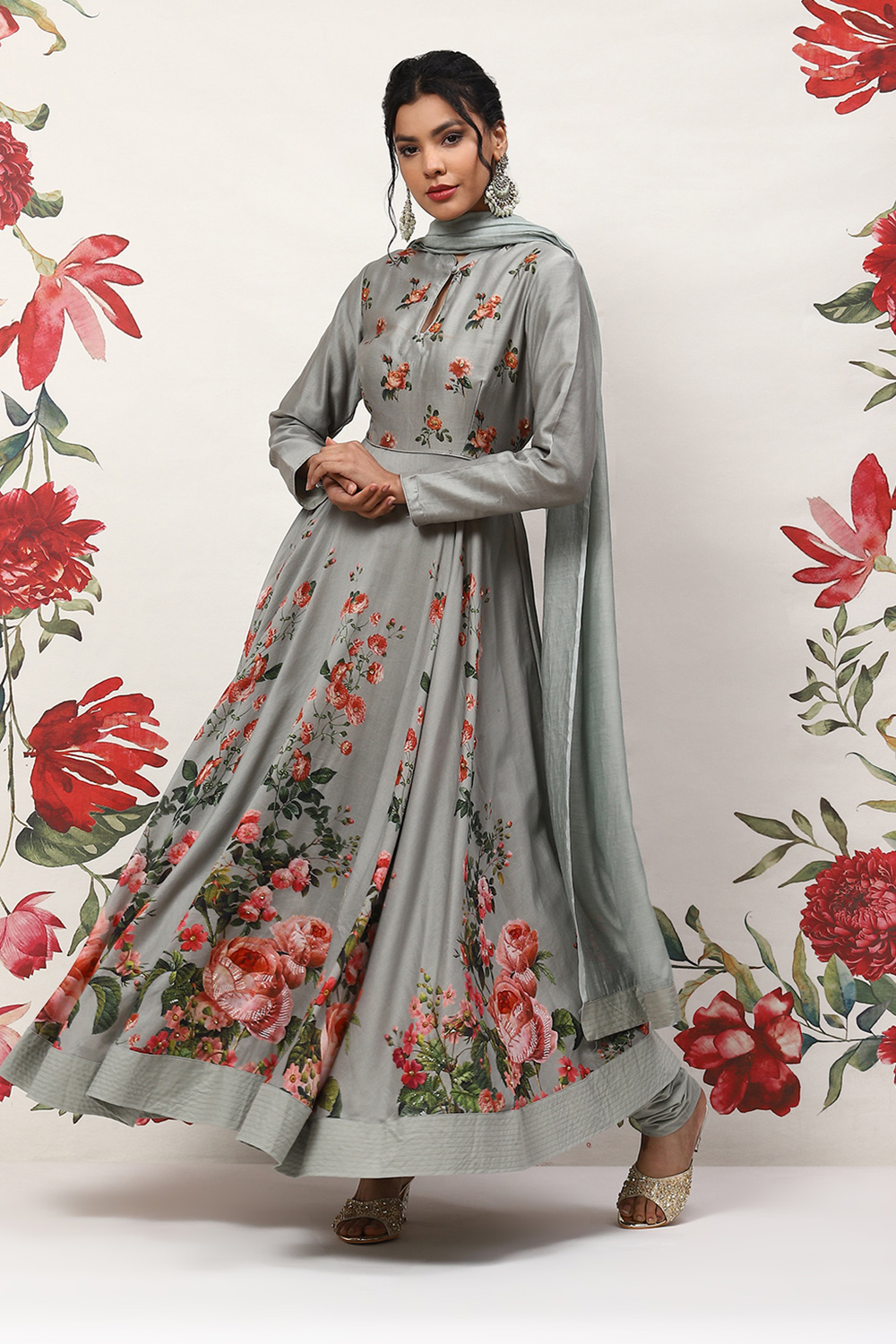 Rohit Bal Pista Green Cotton Blend Anarkali Kurta Suit Set image number 5