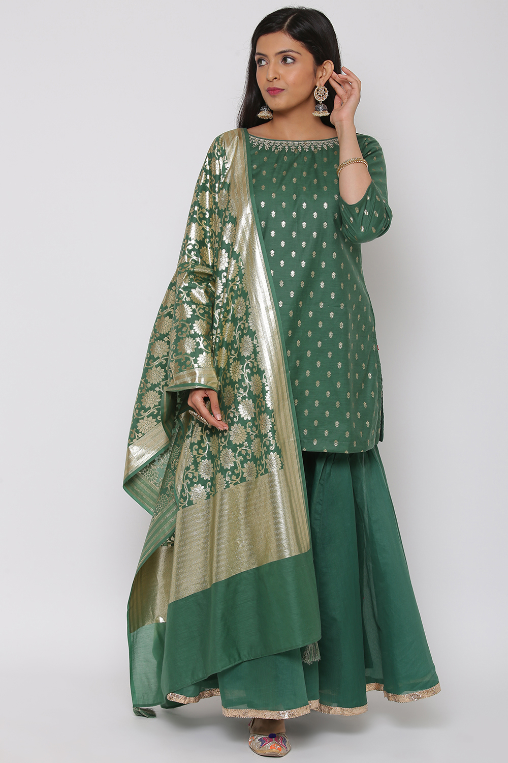 Green Poly Metallic Sharara Kurta Garara Suit Set image number 2