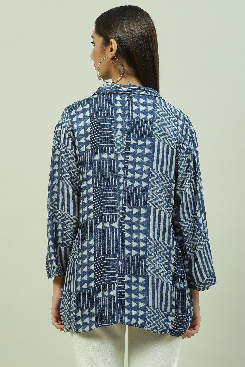 Indigo Viscose Straight Printed Jacket image number 4