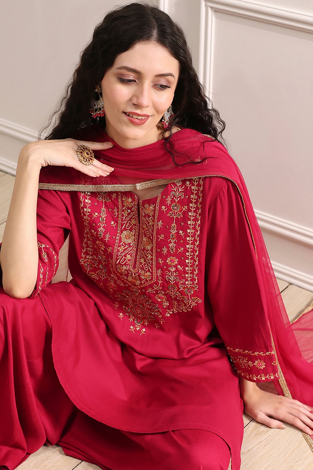 Navy Blue Embroidered Straight Suit Set image number 0