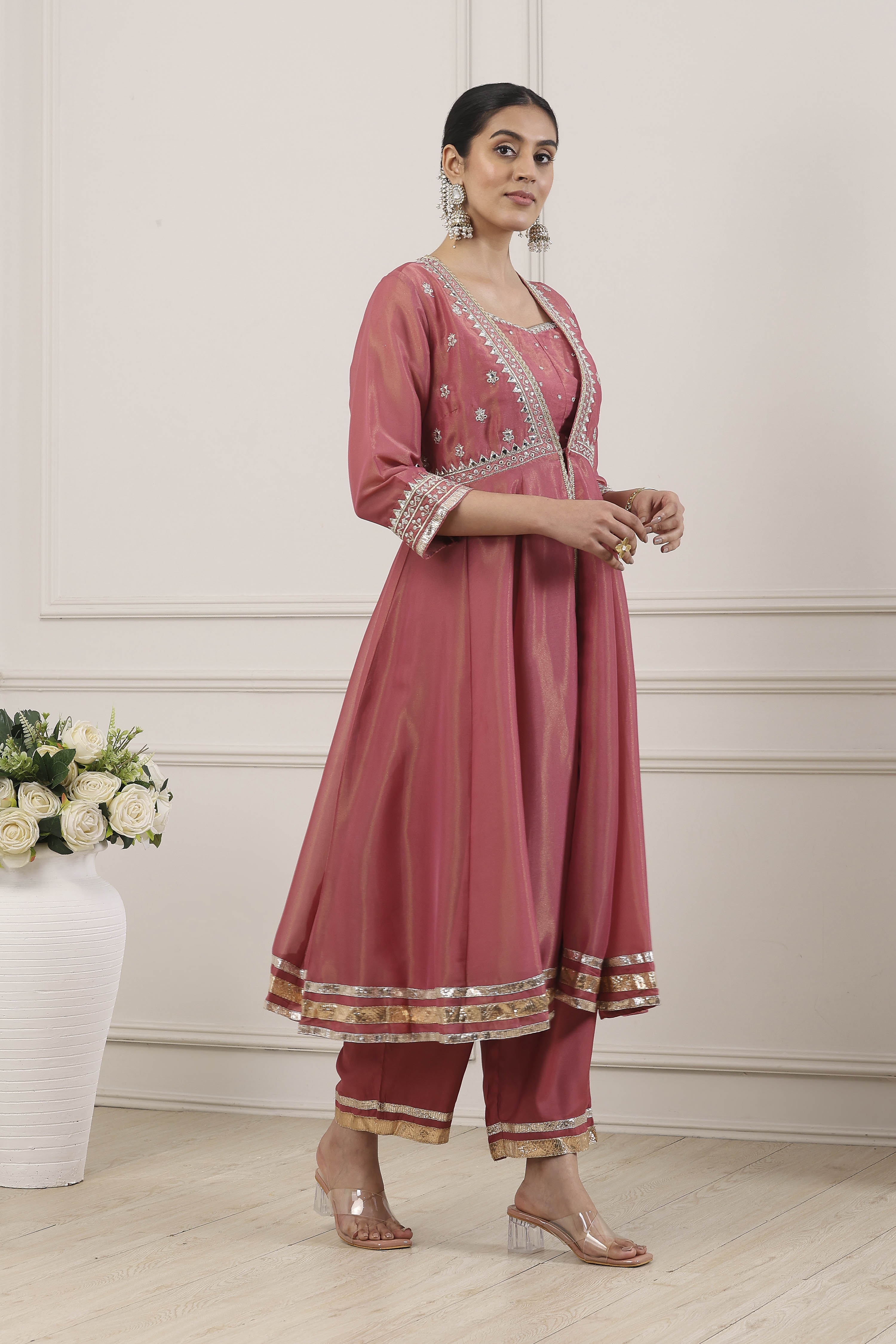 Pink Poly Tissue Anarkali Suit Set image number 5