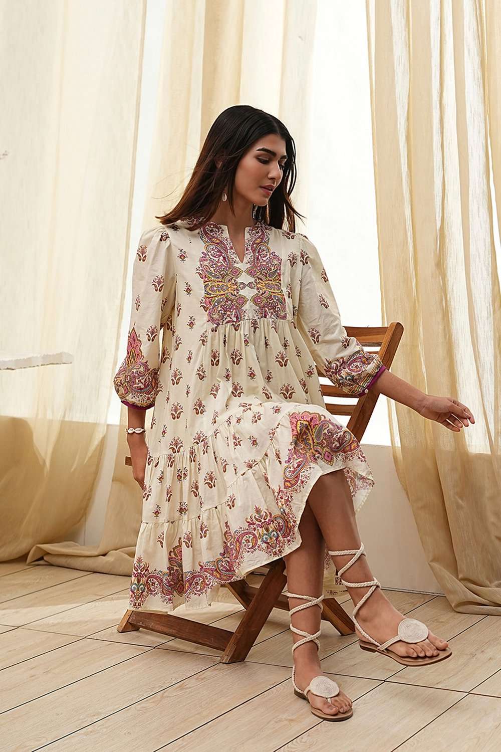 Beige Cotton Printed Tiered Dress image number 6