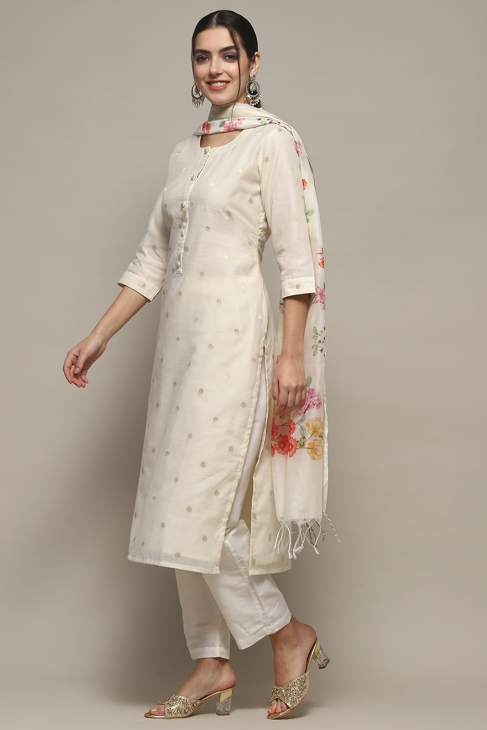 Off White Chanderi Unstitched Suit set image number 5