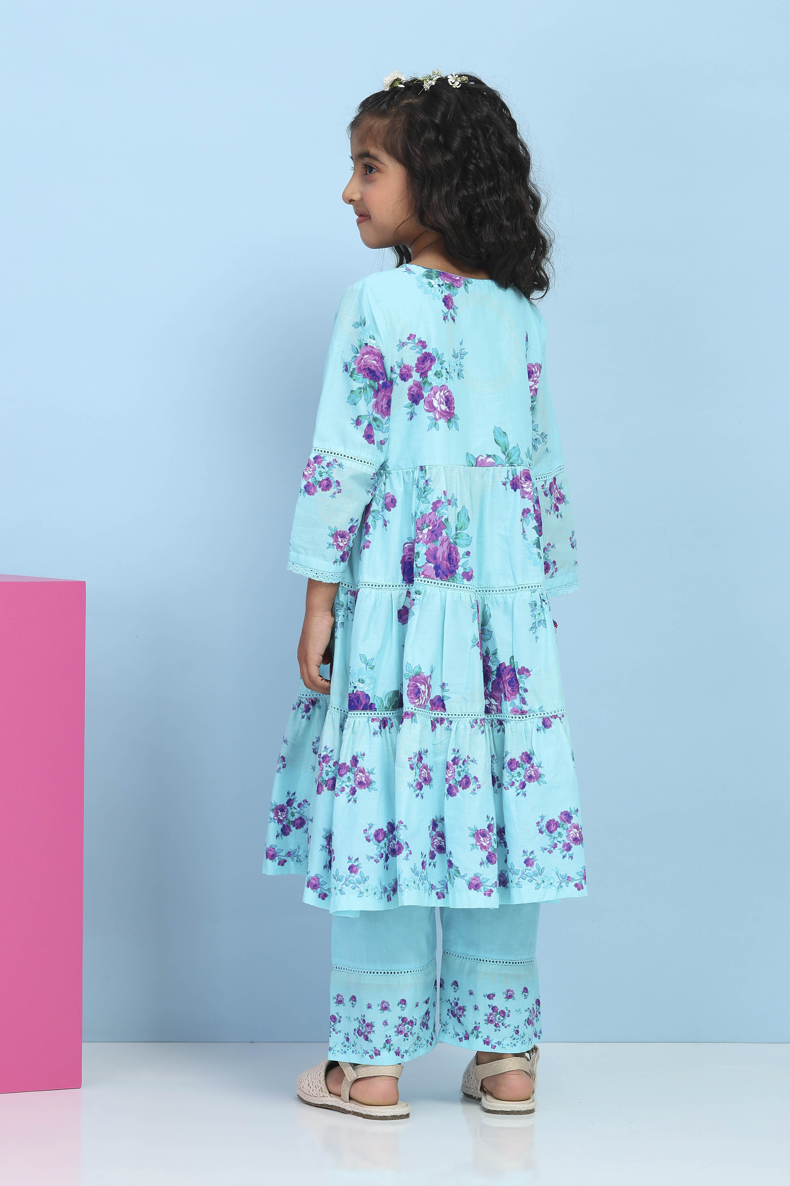 Blue Cotton Printed Tiered Suit Set image number 4
