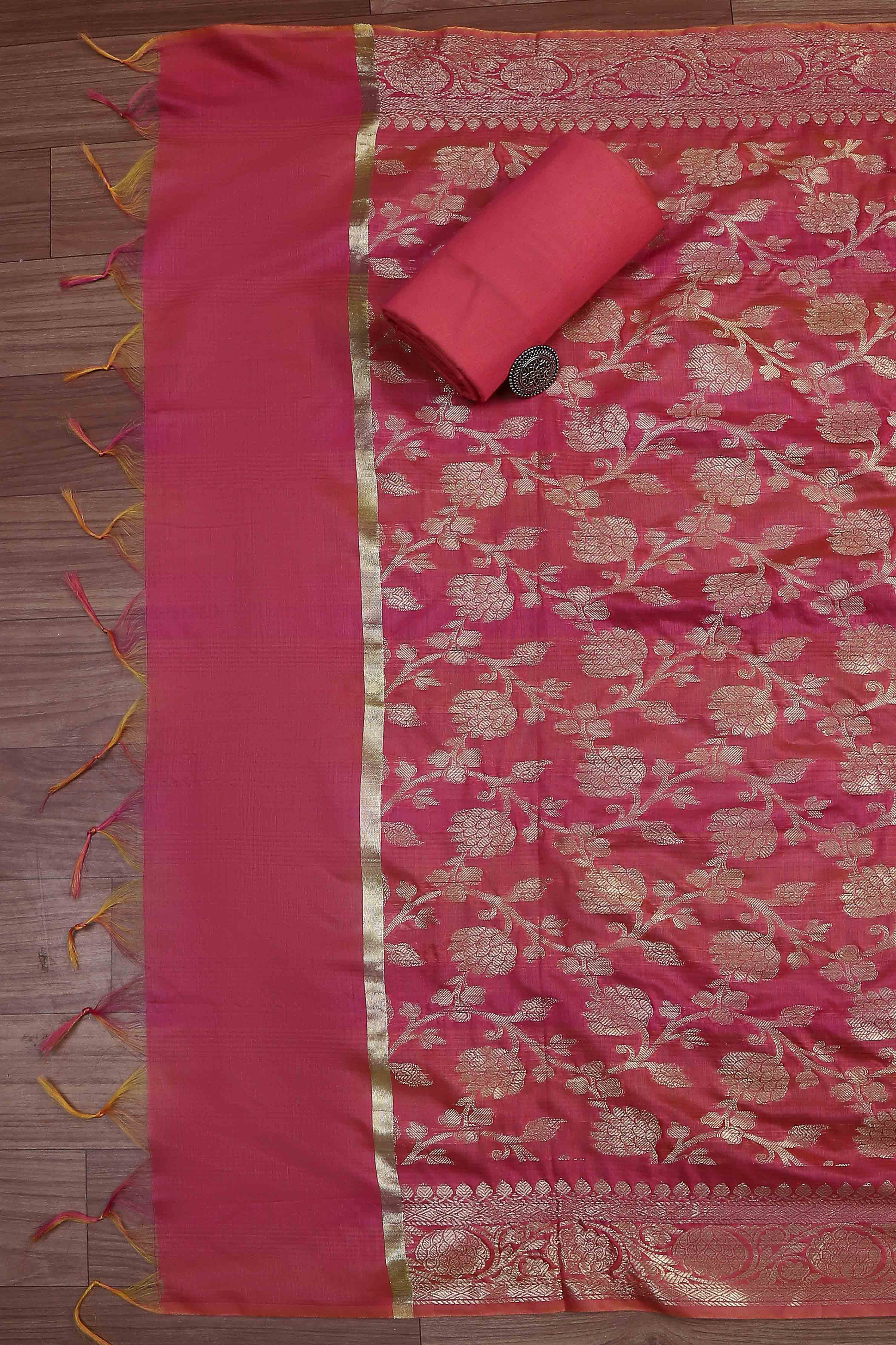 Pink Cotton Printed Embroidered Unstitched Suit Set image number 3