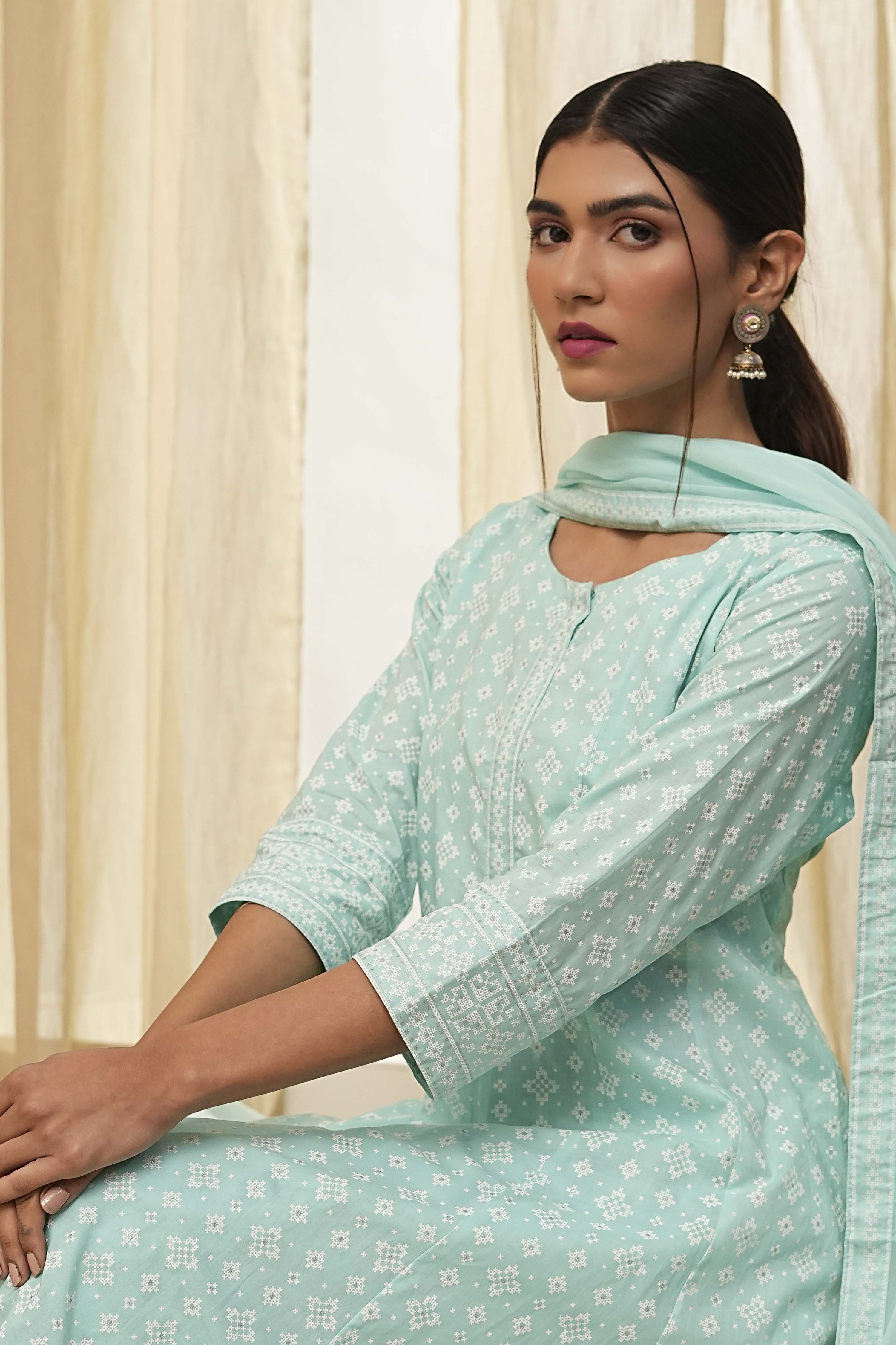 Aqua Pure Cotton Printed Kalidar Suit Set image number 8