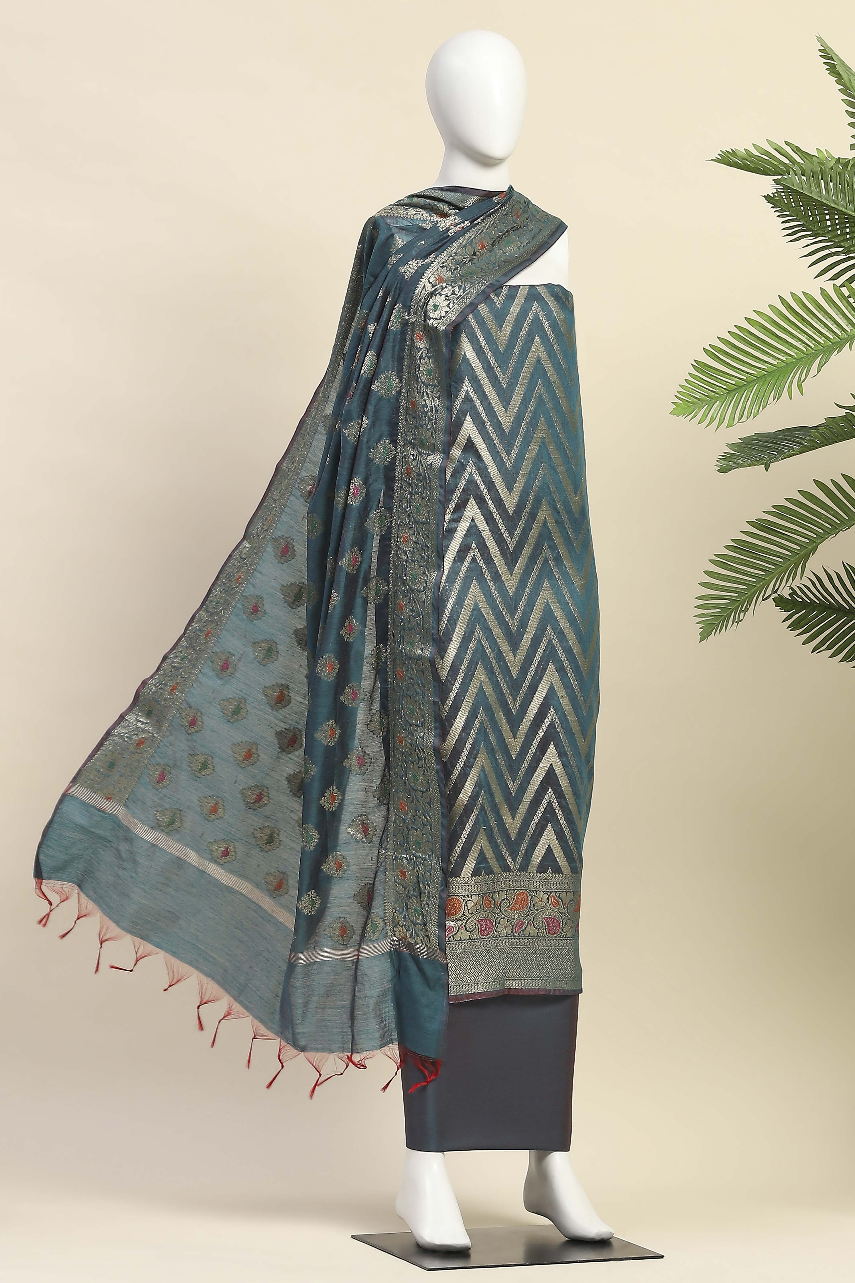 Red Cotton Printed Embroidered Unstitched Suit Set image number 4