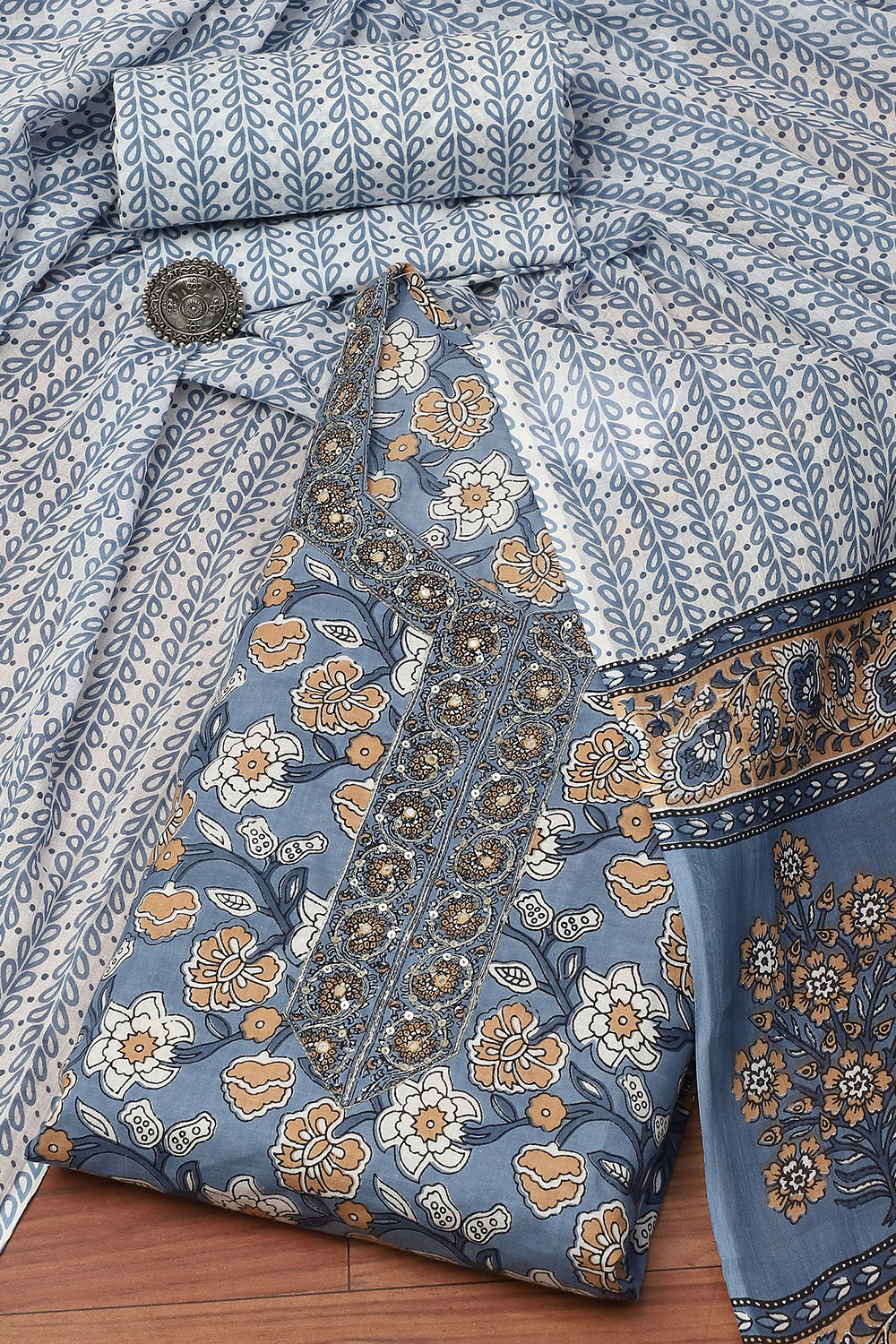 Indigo Cotton Hand Block Print Unstitched Suit Set image number 9