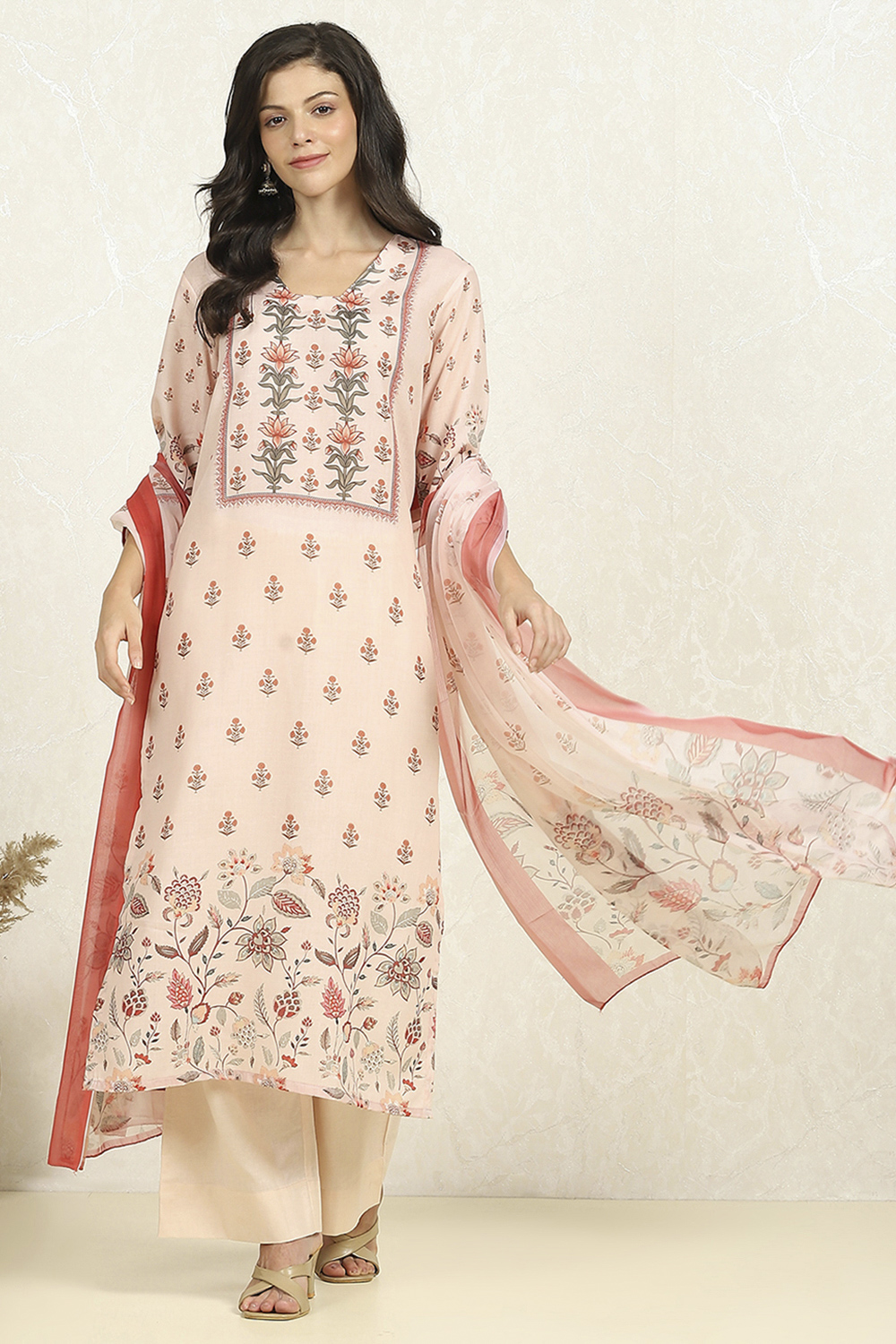 Cream Cotton Unstitched Suit Set image number 1