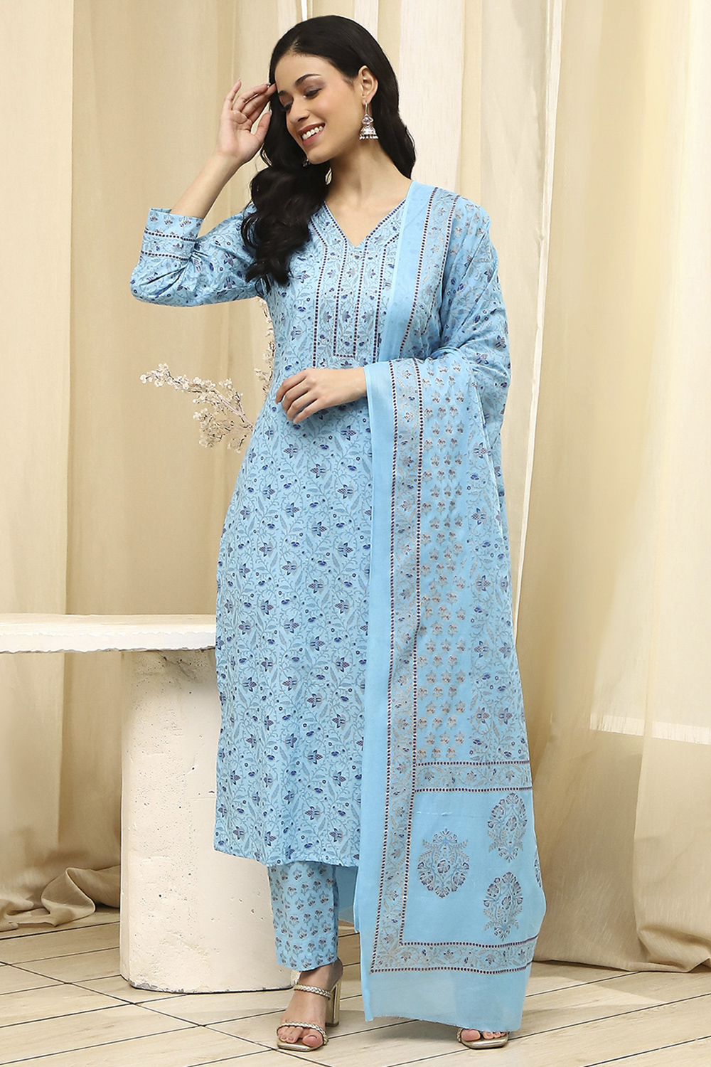 Pink Cotton Screen Print Unstitched Suit Set image number 7