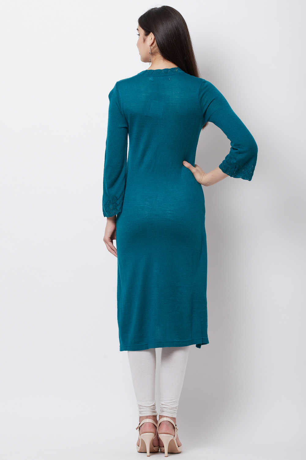 Teal Acrylic And Wool Straight Solid Kurta image number 4