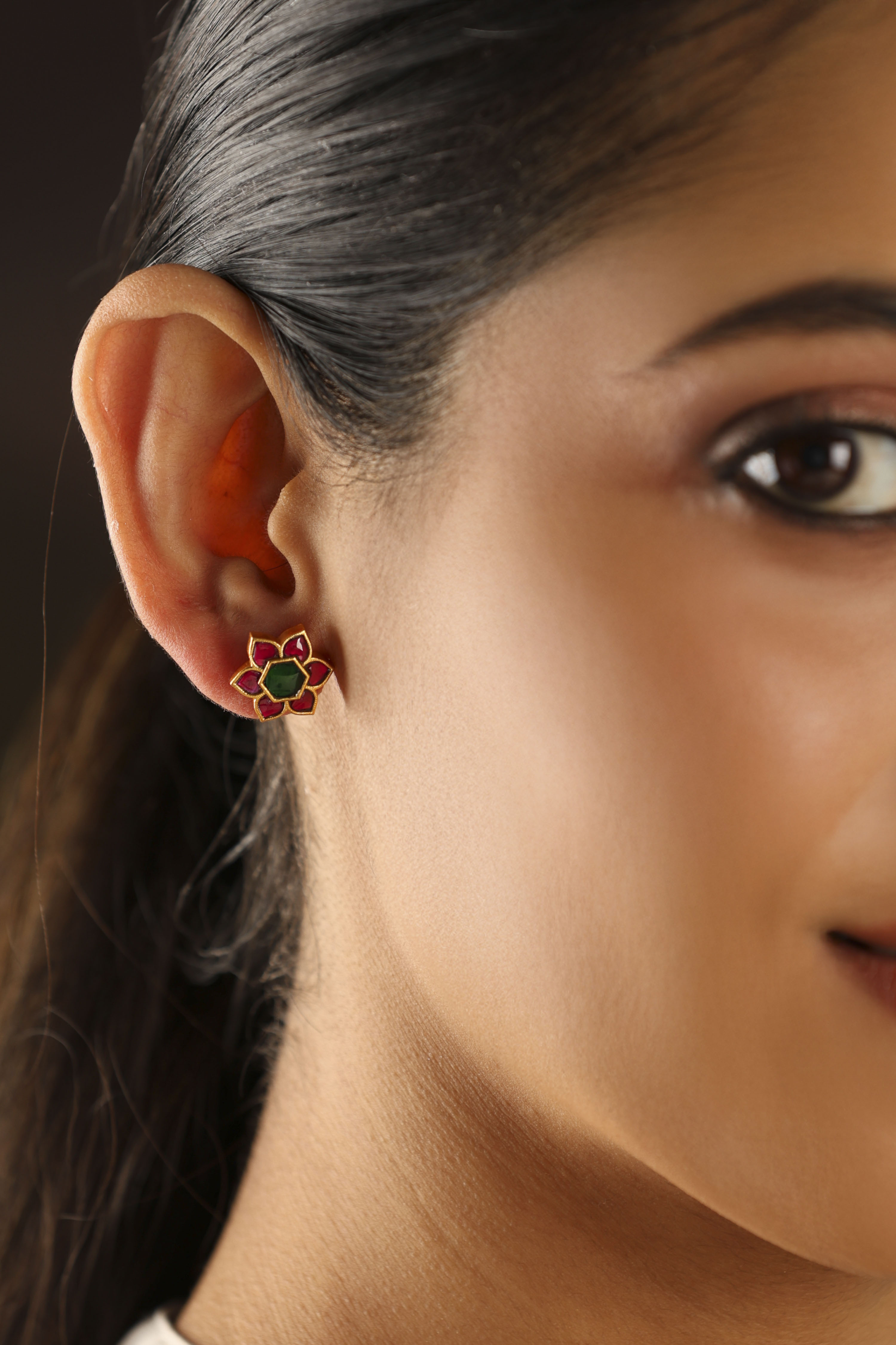 Pink & Green Gold Plated Brass Floral Stud Earrings image number 1