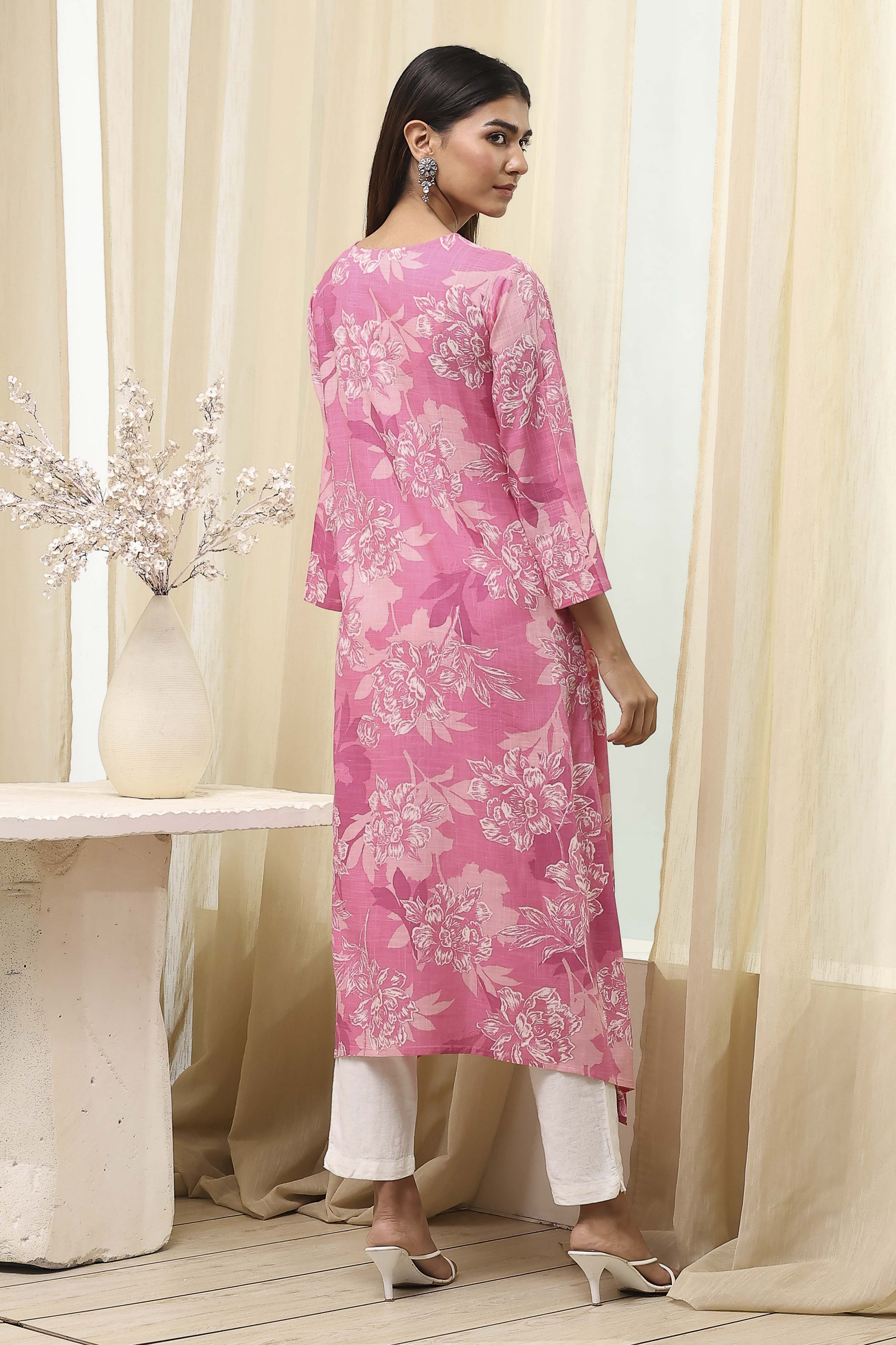 Charcoal Floral Printed Straight Kurta image number 3