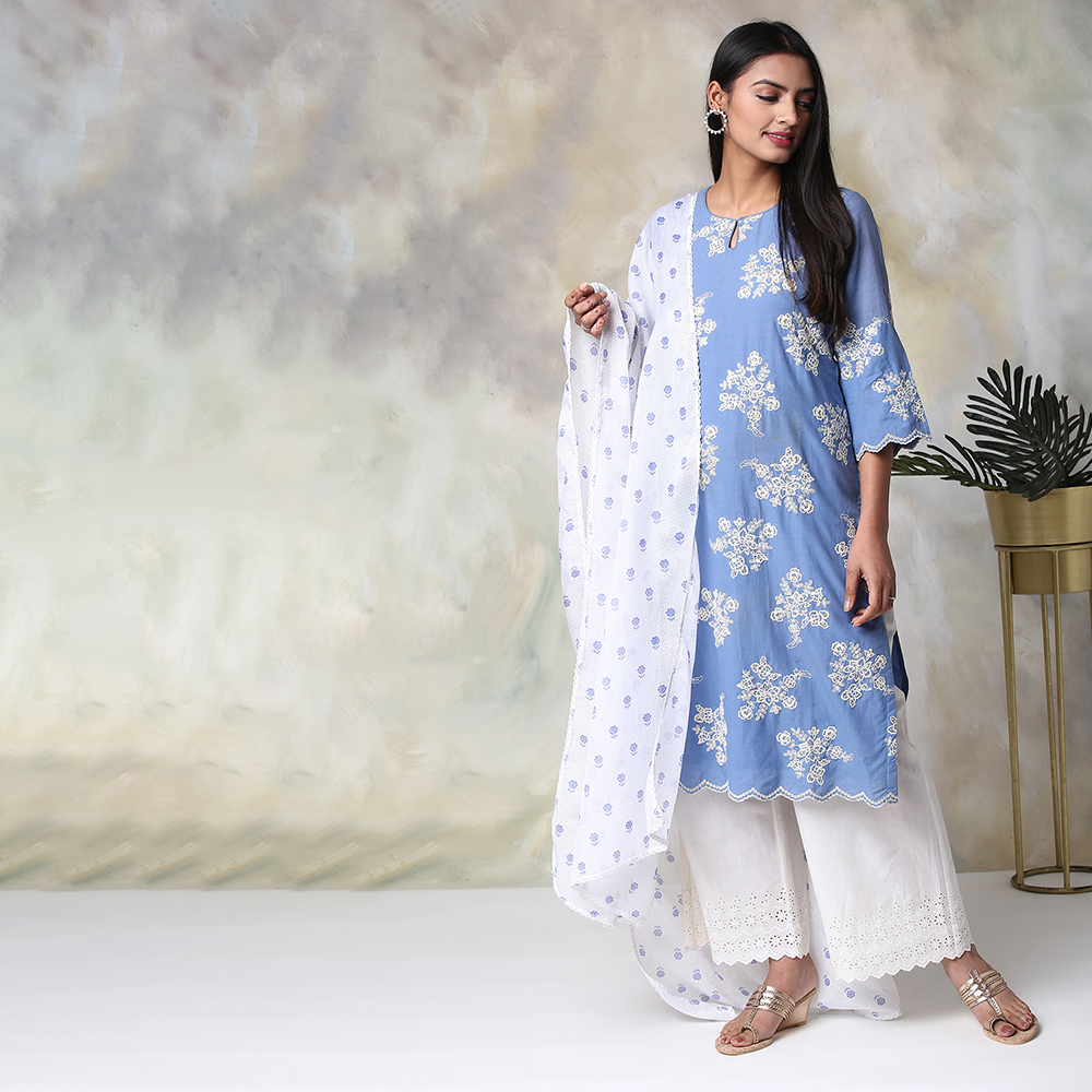 Blue Cotton Straight Kurta Palazzo Suit Set image number 10