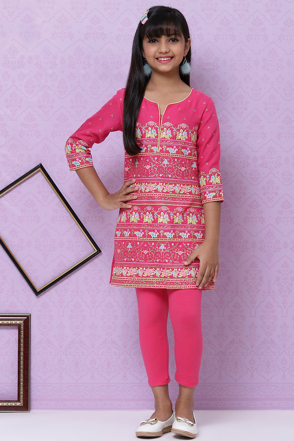 Pink Art Silk Printed Tunic And Leggings Set image number 6