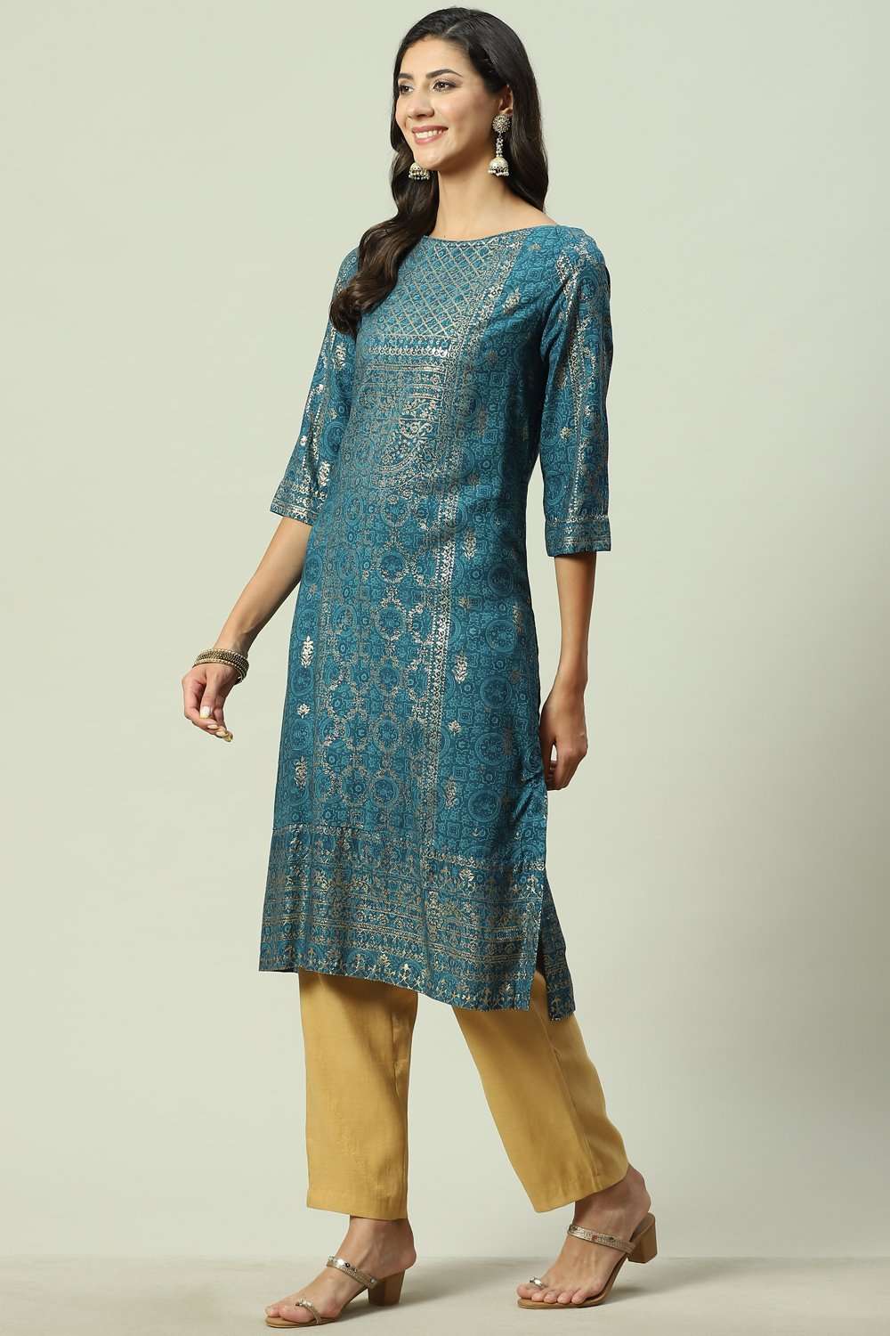 Teal Rayon Straight Printed Kurta image number 2