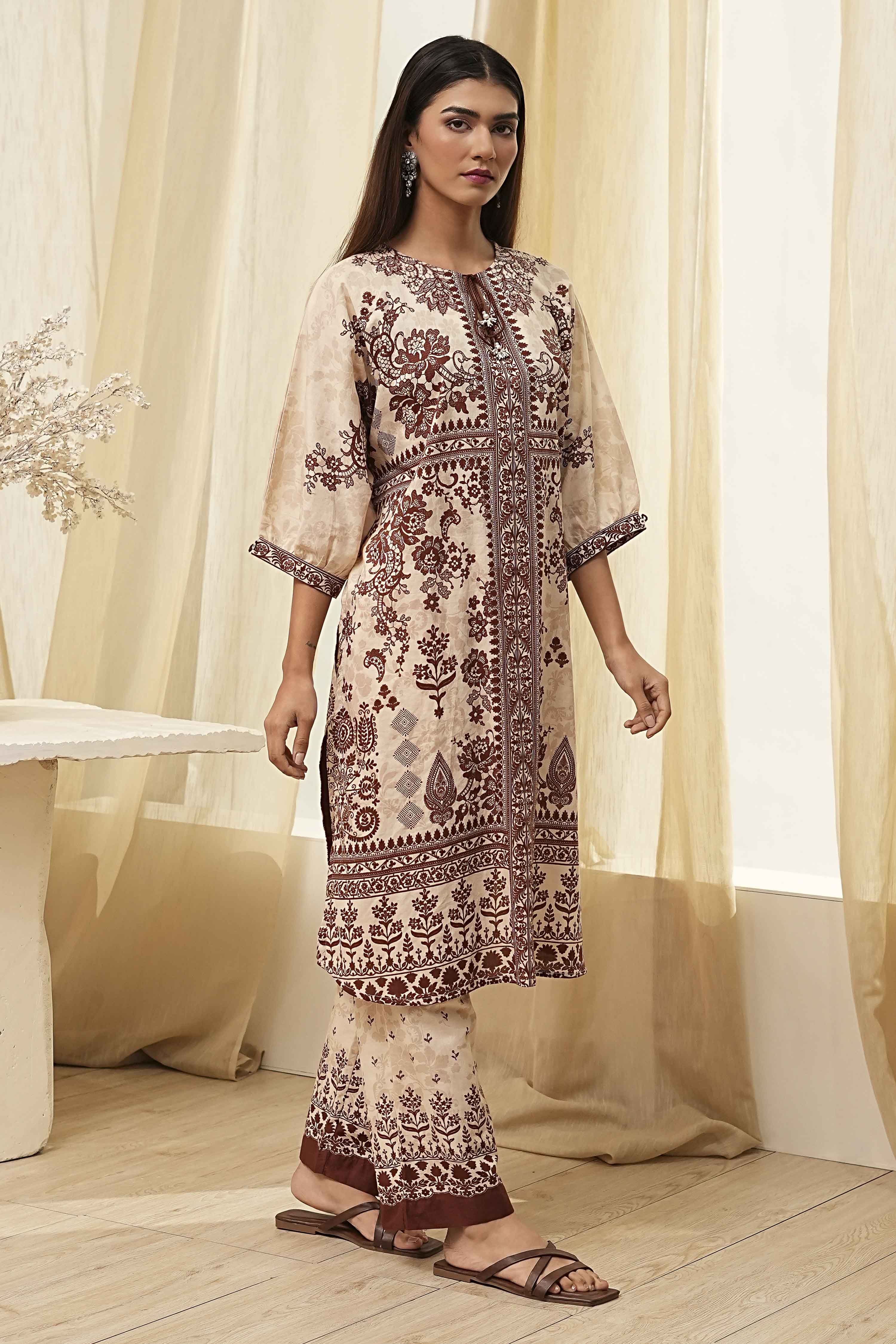 Beige and Brown Pure Cotton Printed Kurta Set image number 5