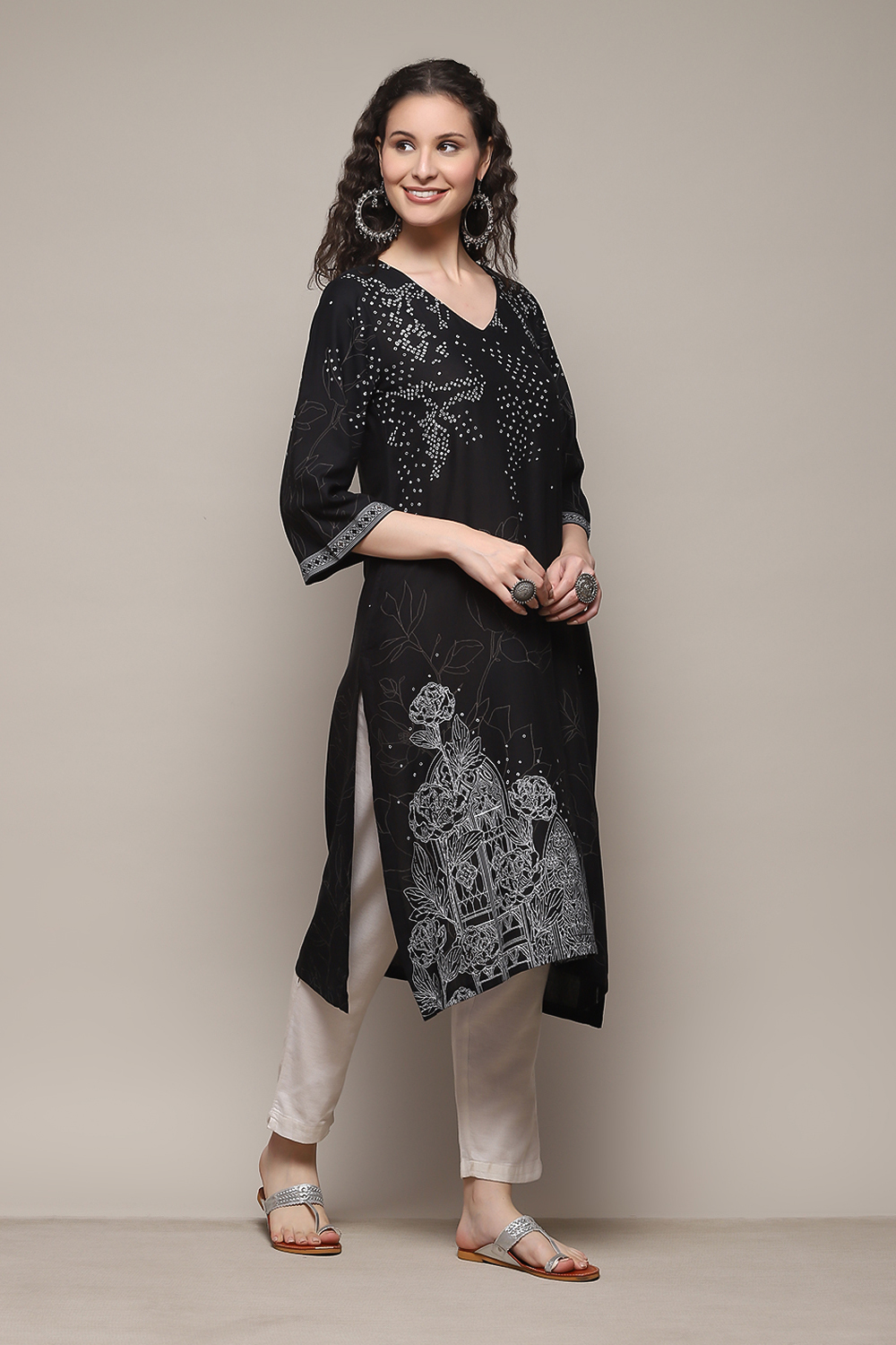 Black LIVA Straight Printed Kurta image number 3