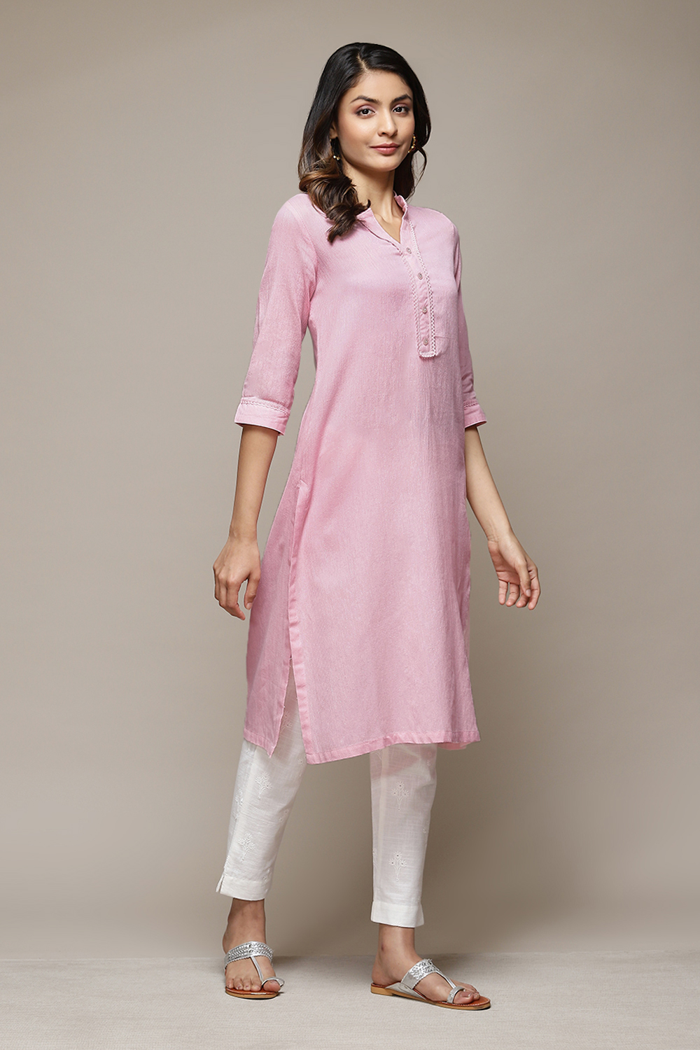 Pink Cotton Blend Straight Yarndyed Kurta image number 4