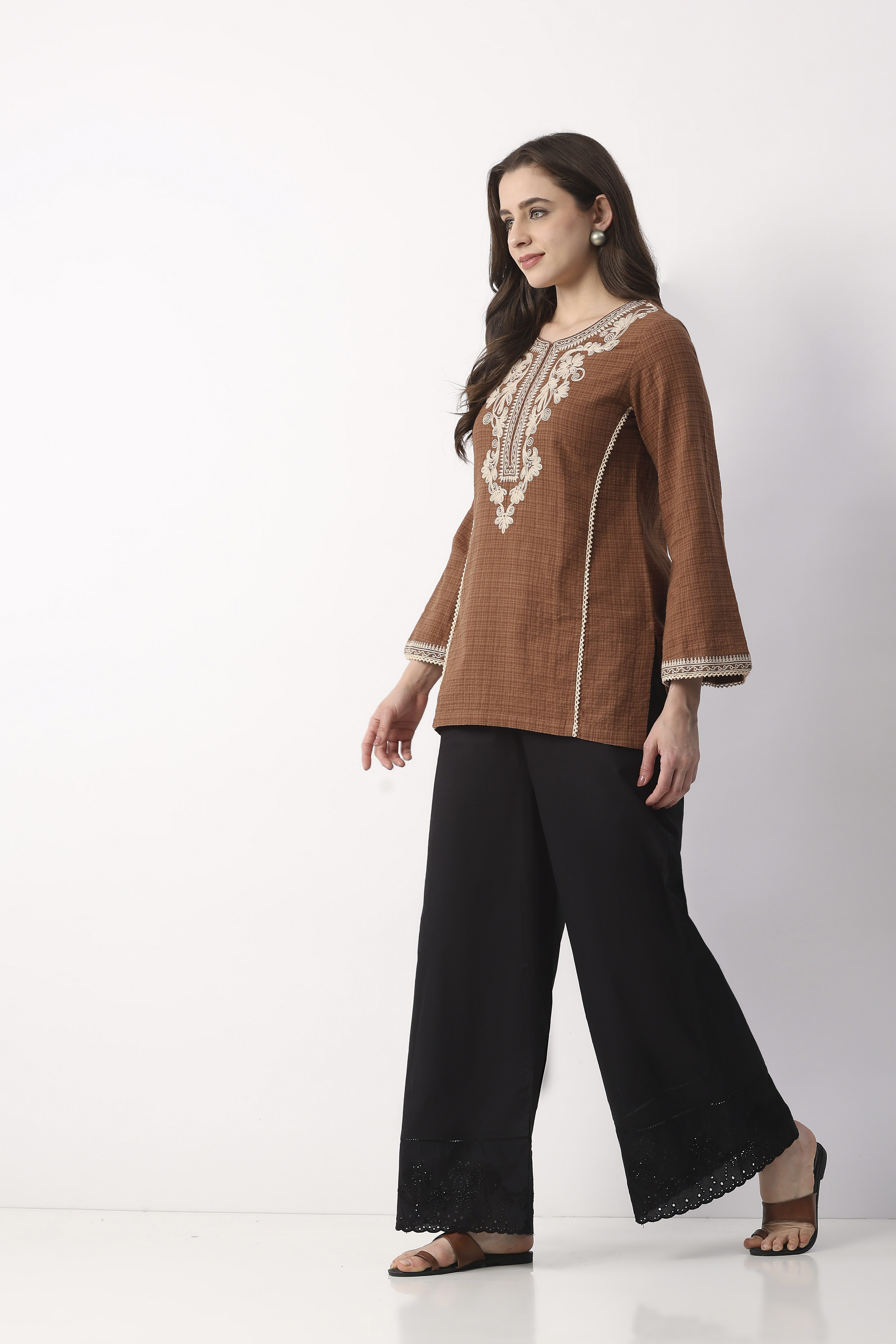 Brown Cotton Flared Palazzo image number 0