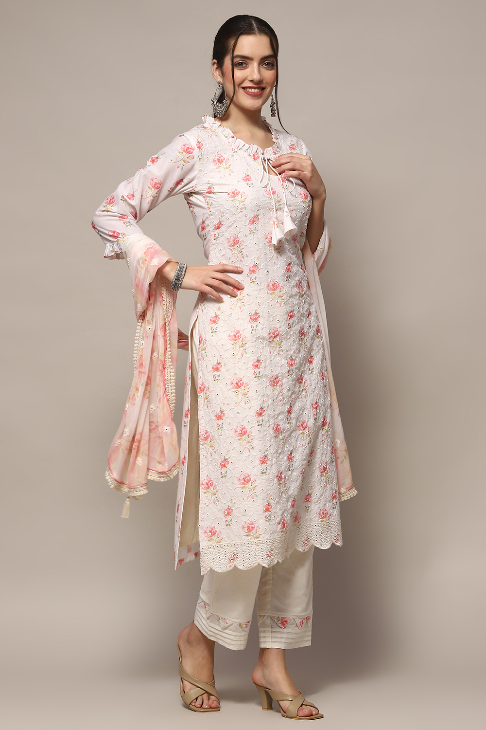 White Pink Cotton Unstitched Suit set image number 7