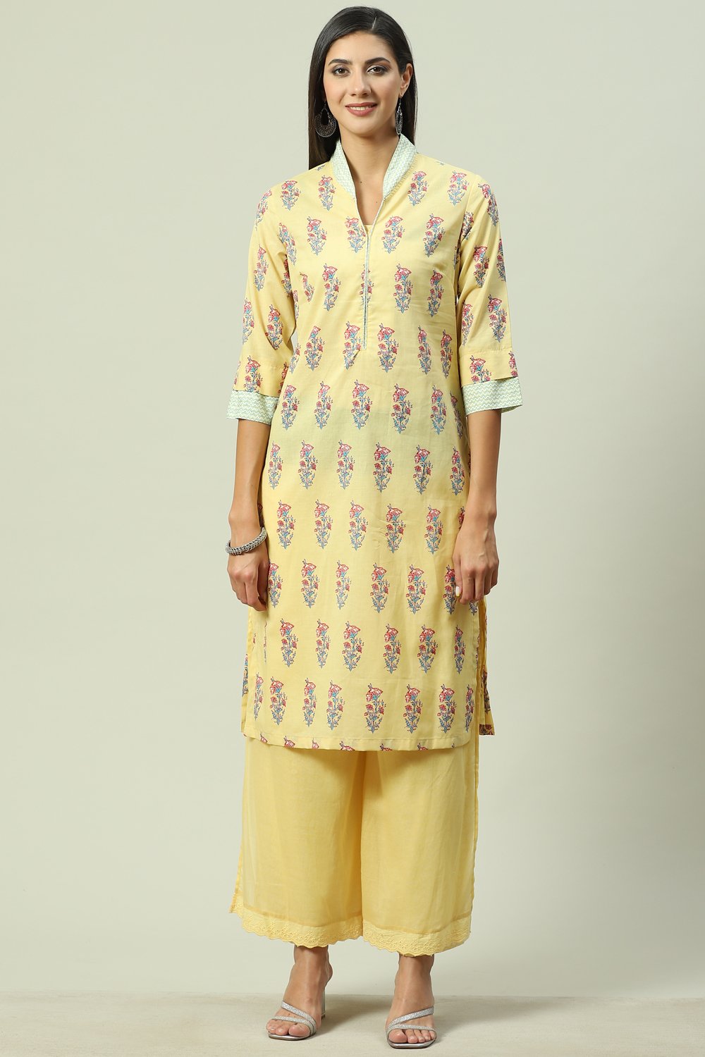 Sky Blue Cotton Straight Kurta Palazzo Suit Set image number 6