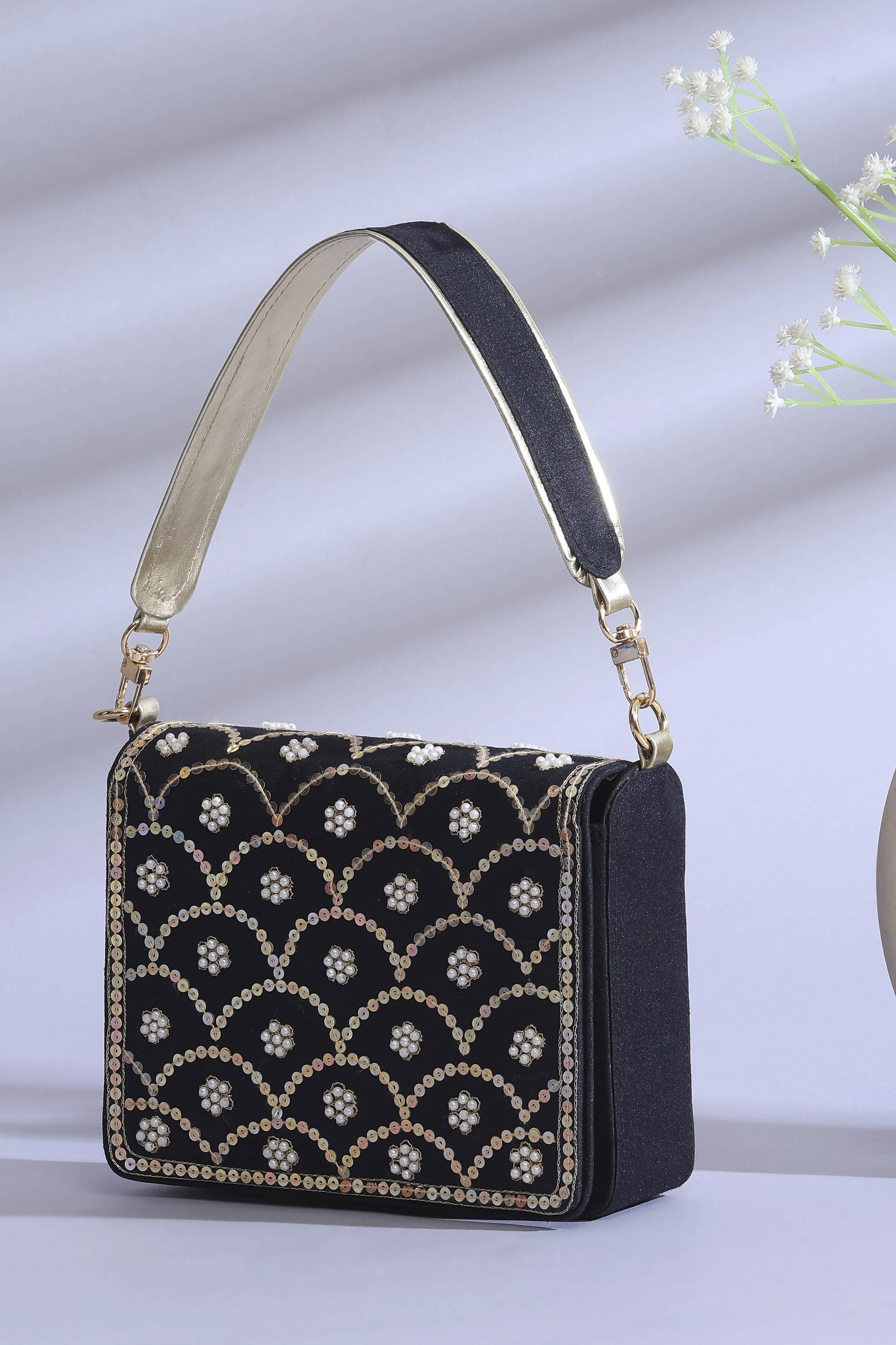 Black Polycotton Seqin Embroidery Shoulder Bag image number 0