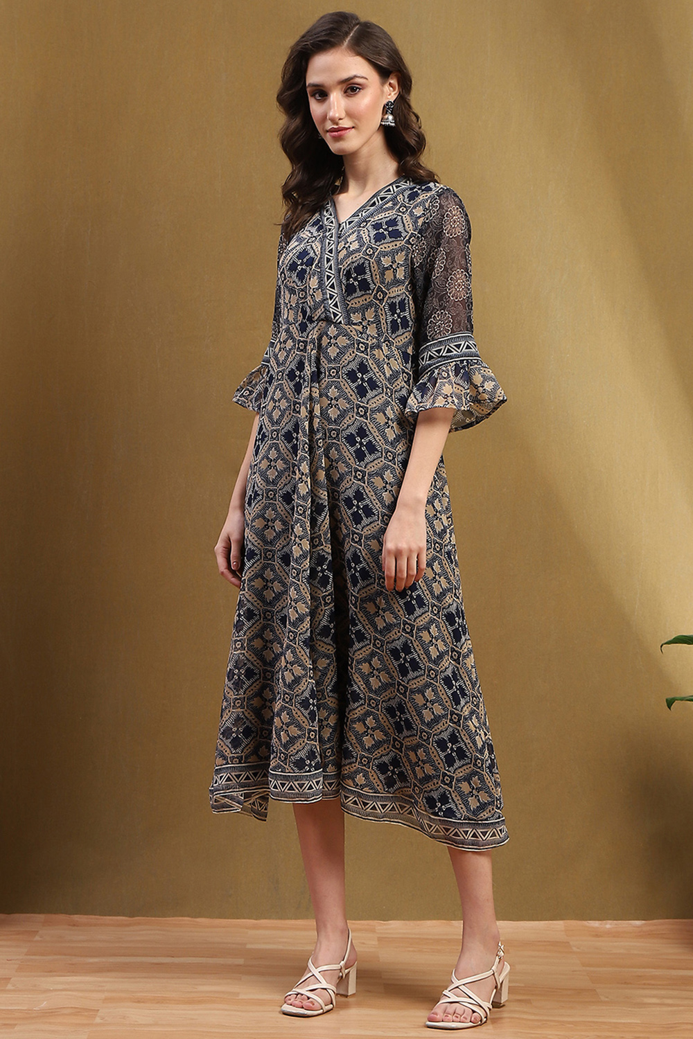 Blue Georgette Floral Printed Flared Dress image number 2