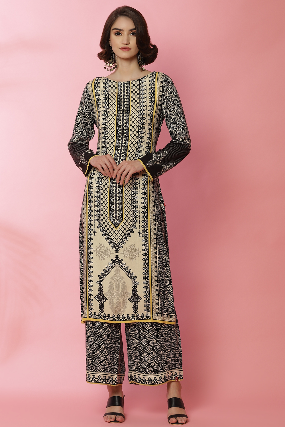 Black And Off White Straight Viscose Printed Kurta image number 4