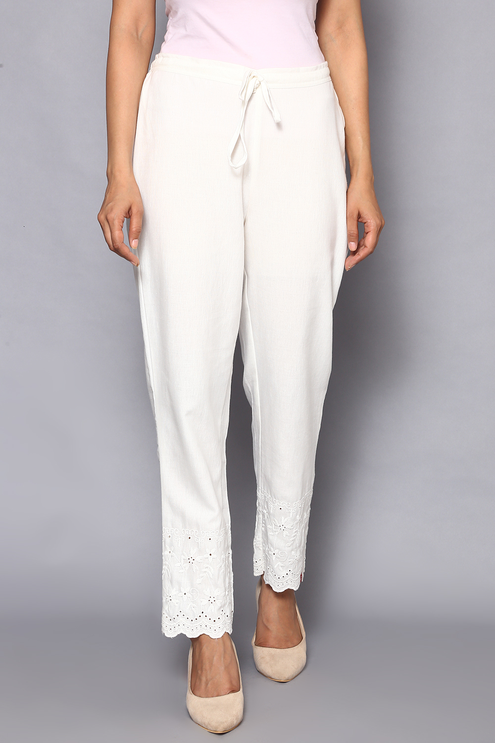Off White Cotton Flax Regular Pants image number 0