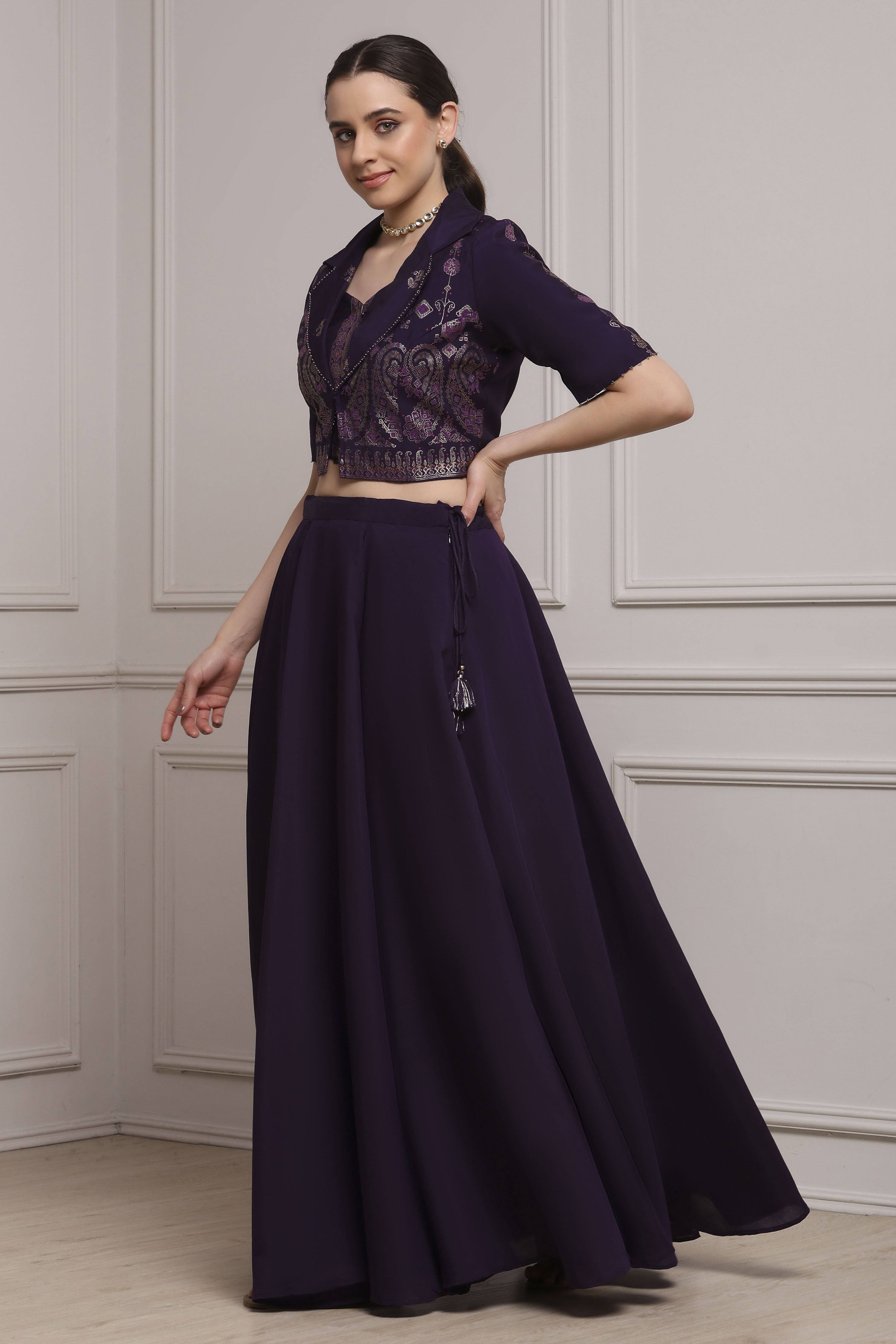 Purple Viscose Blend Printed Fusion Set image number 3