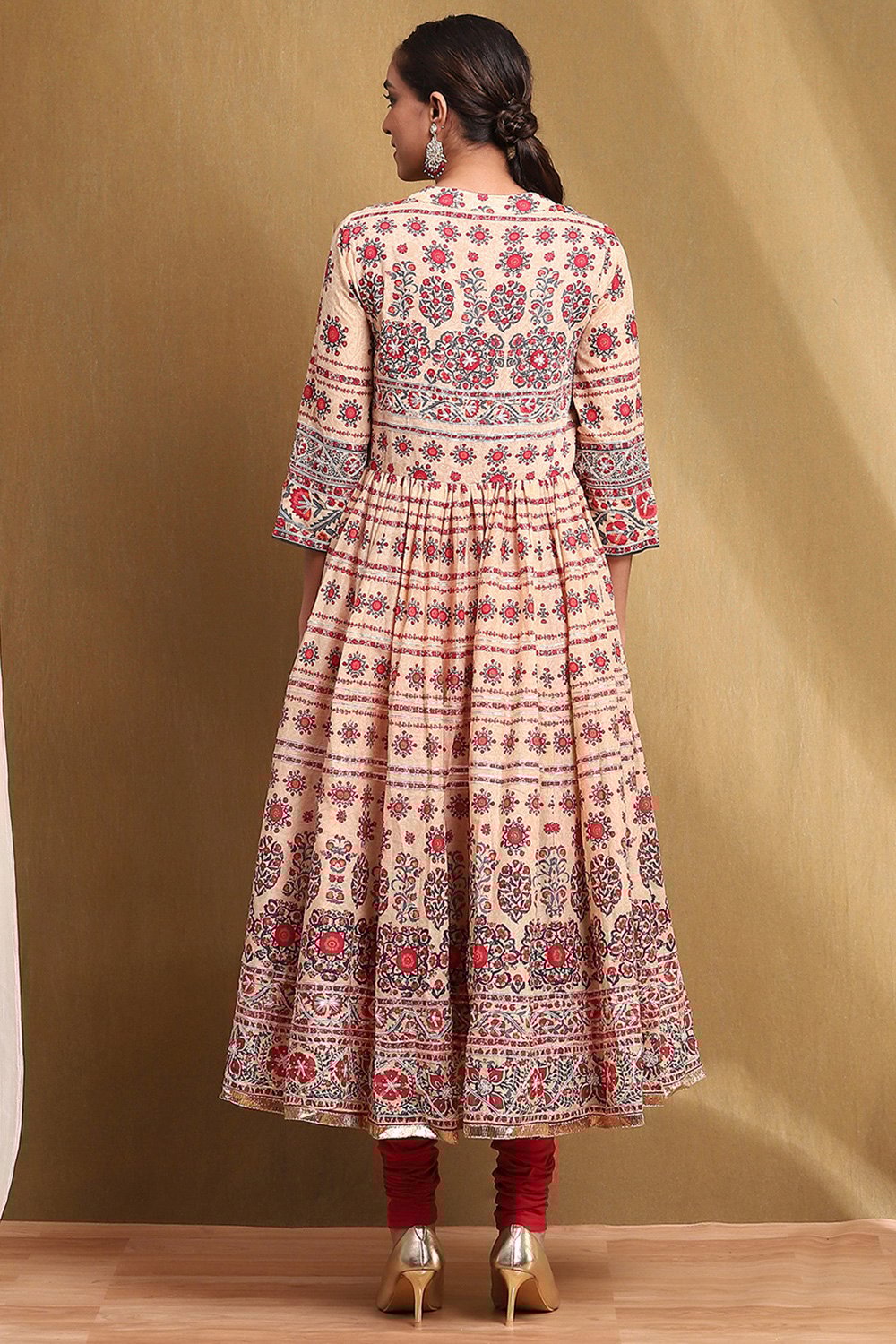 Beige and Red Cotton Anarkali Suit Set image number 4