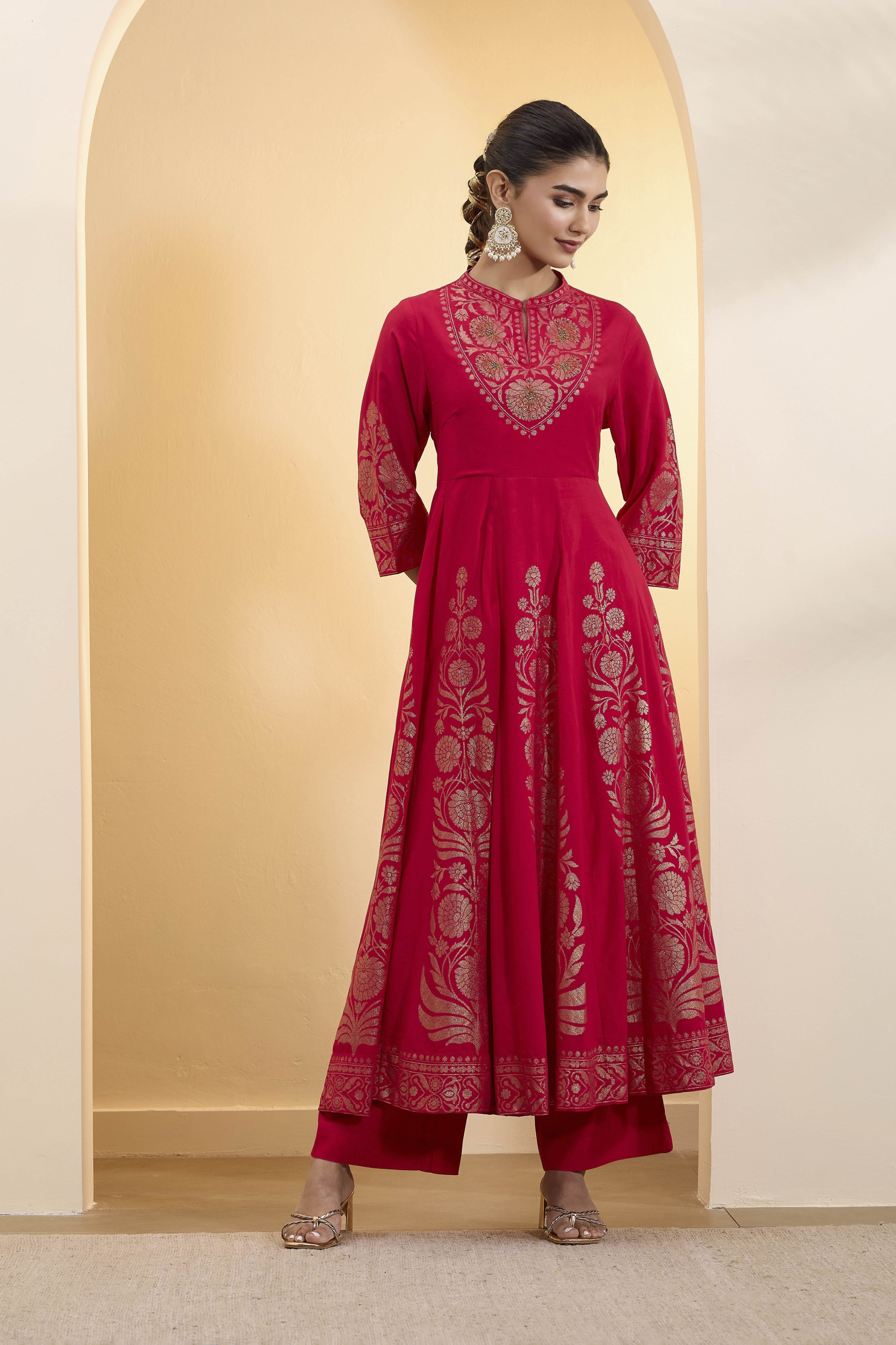Red Poly Viscose Anarkali Kurta Set image number 0
