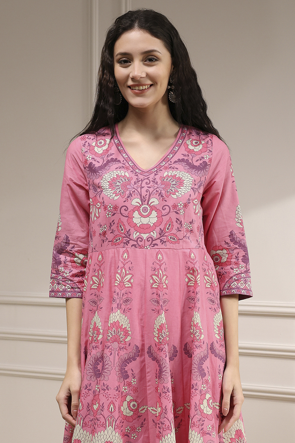 Light Pink Cotton Printed Anarkali Suit Set image number 1