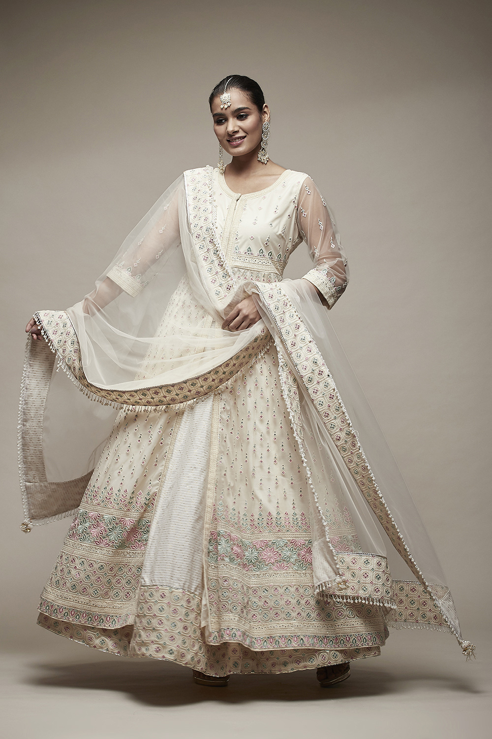 Off White Nylon Anarkali Lehenga Set image number 0