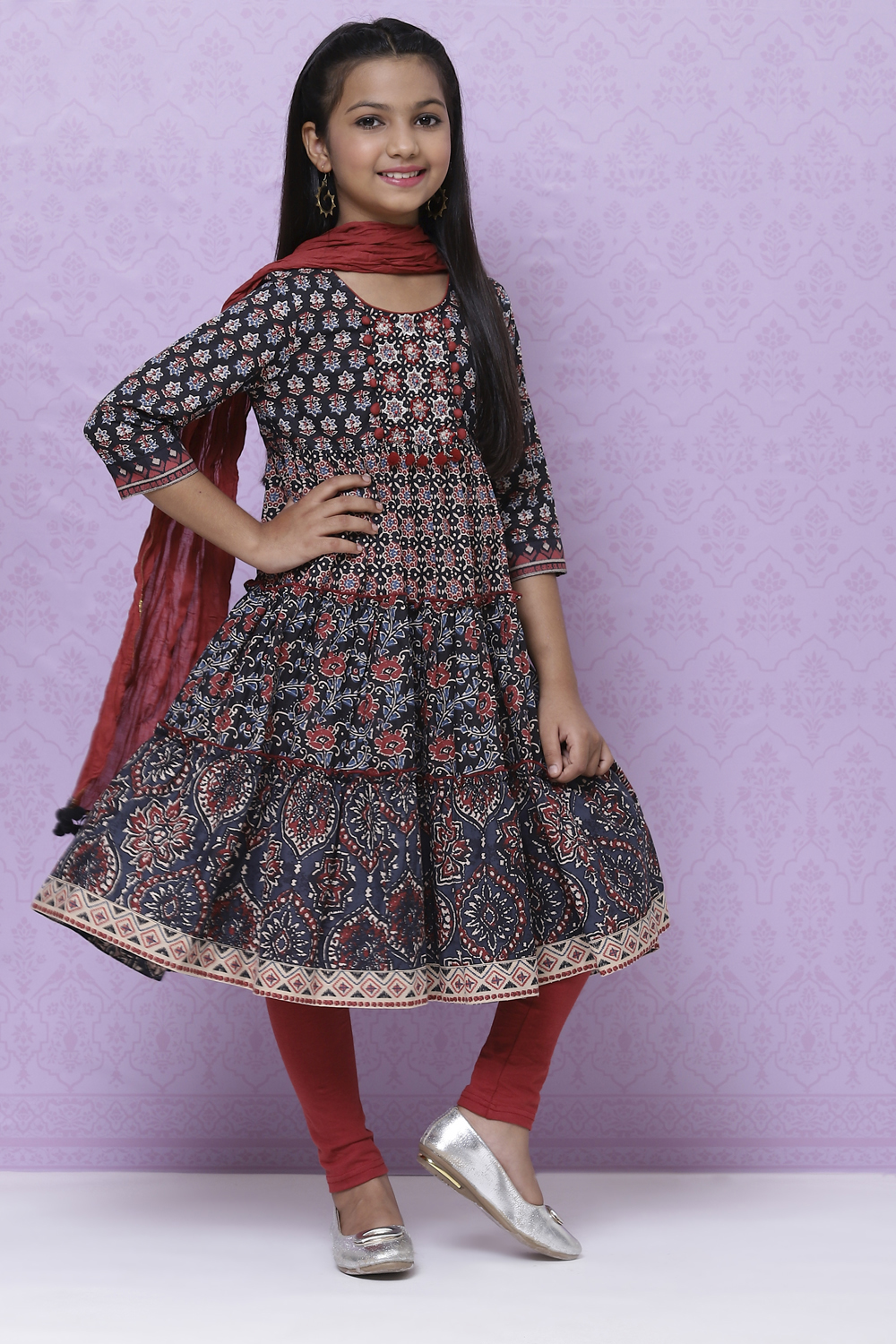 Charcoal And Rust Cotton Girls Kurta Churidar Suit Set image number 0