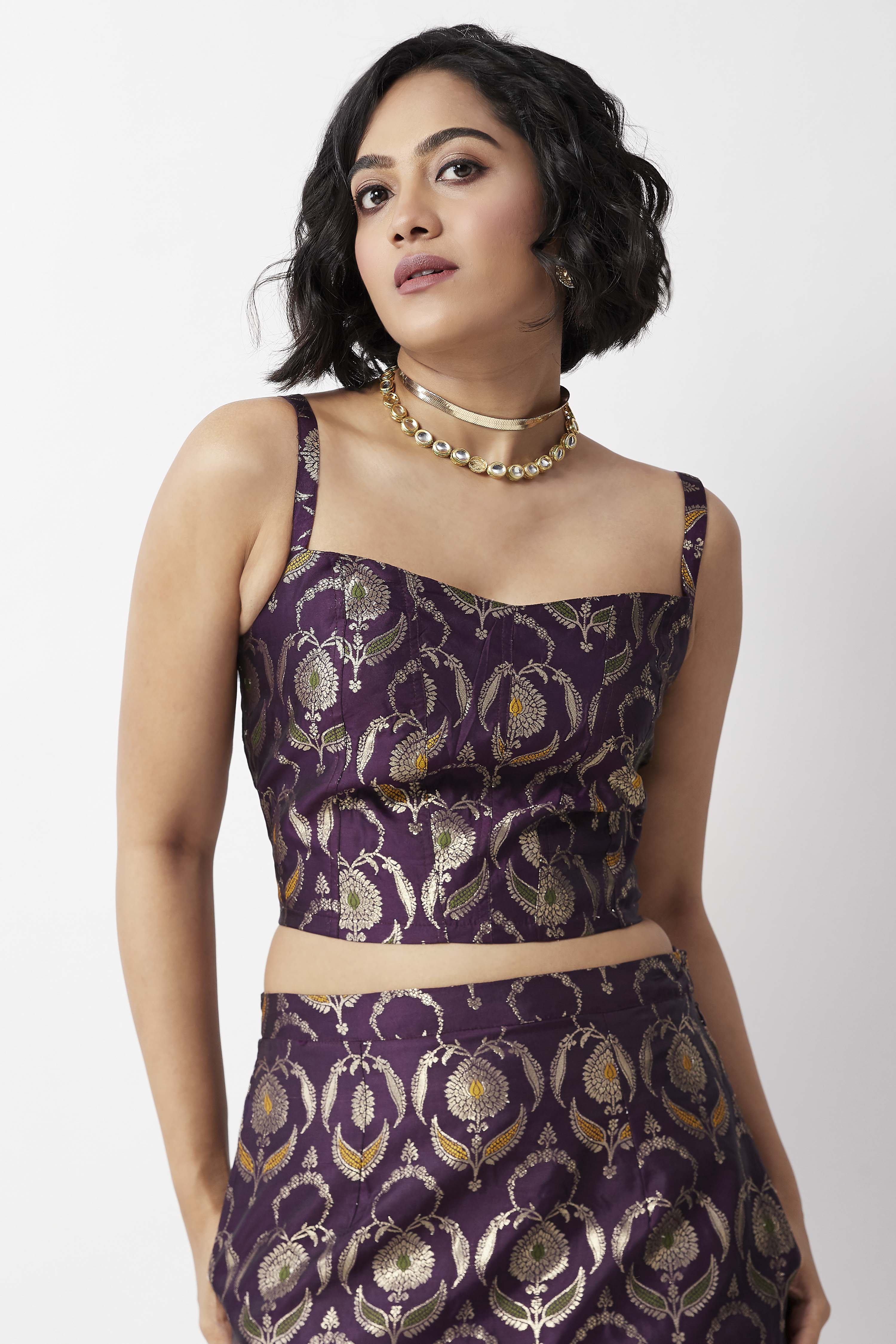 Purple Yarndyed Floral Fitted Crop Top image number 7
