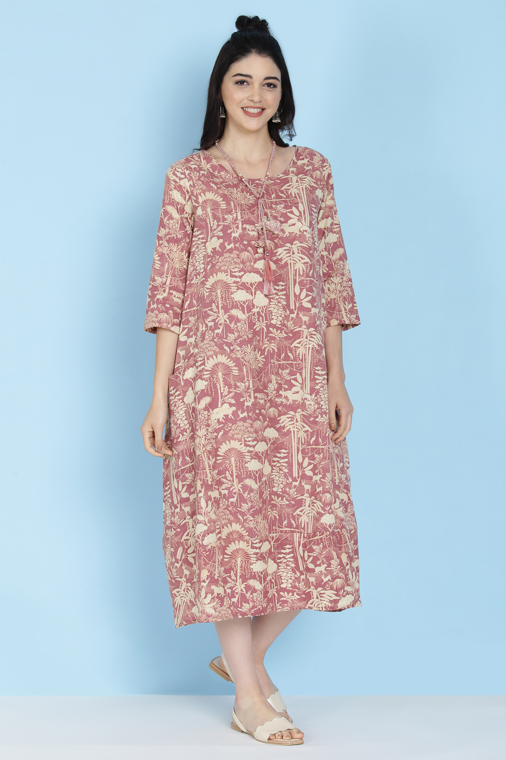 Mauve Cotton Flax Printed Kurta Dress image number 3