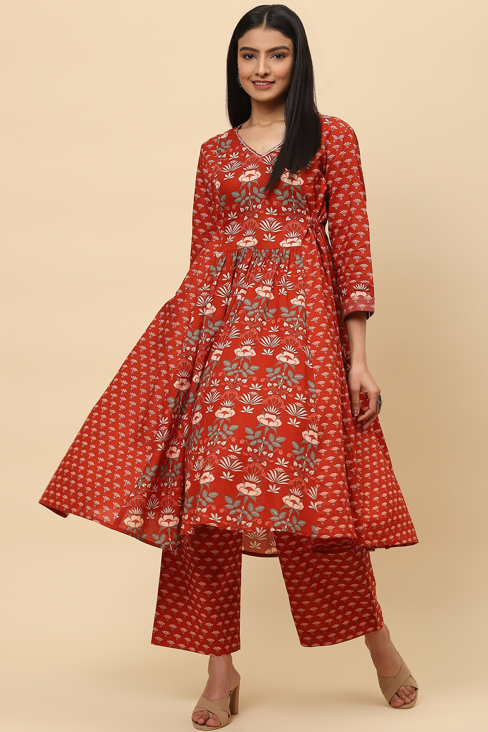 Black Cotton Flared Kurta Set image number 0