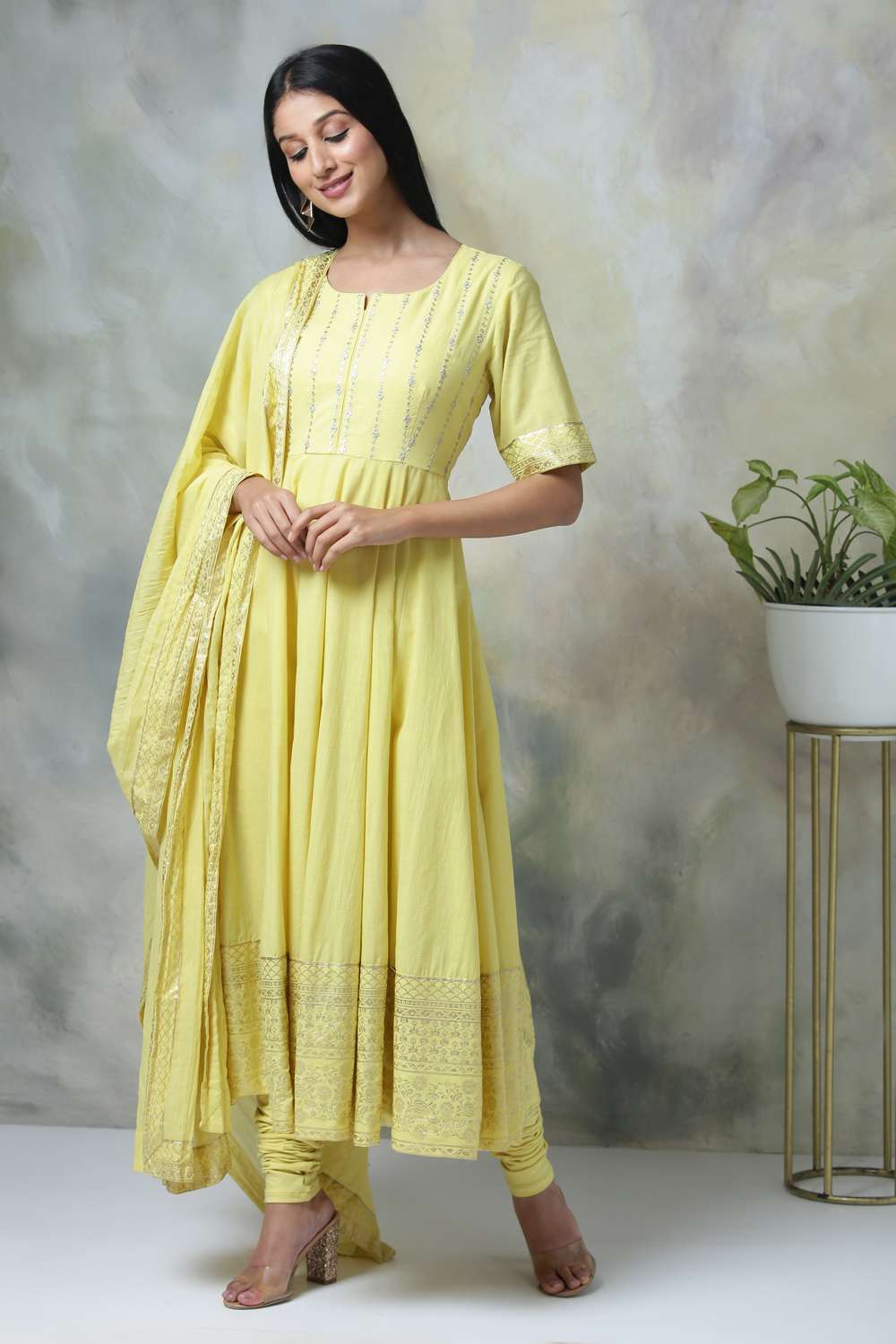 Yellow Cotton Anarkali Suit image number 0