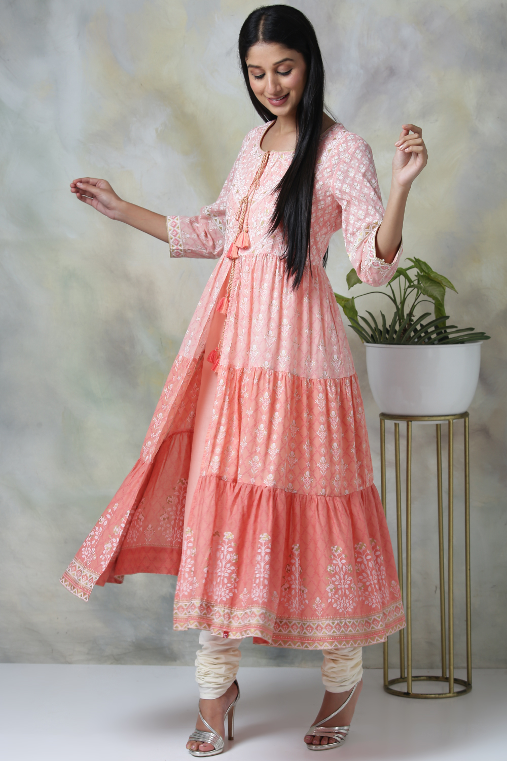 Peach Cotton Double Layered Printed Kurta image number 4