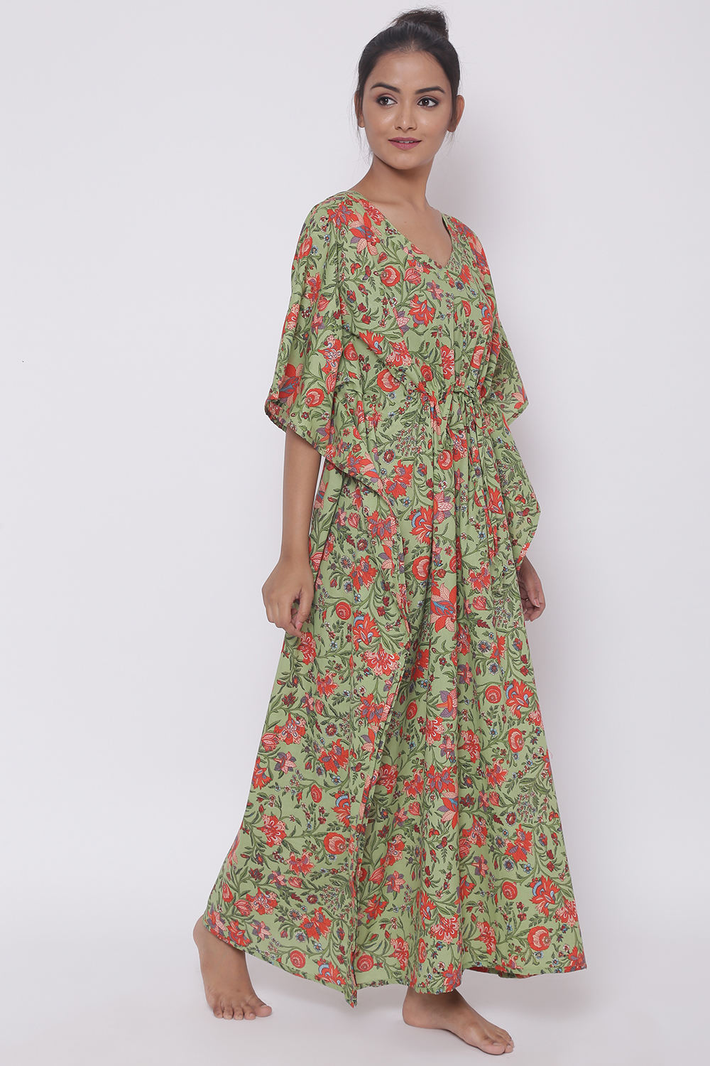 Green Cotton Printed Loungewear Kaftan image number 4
