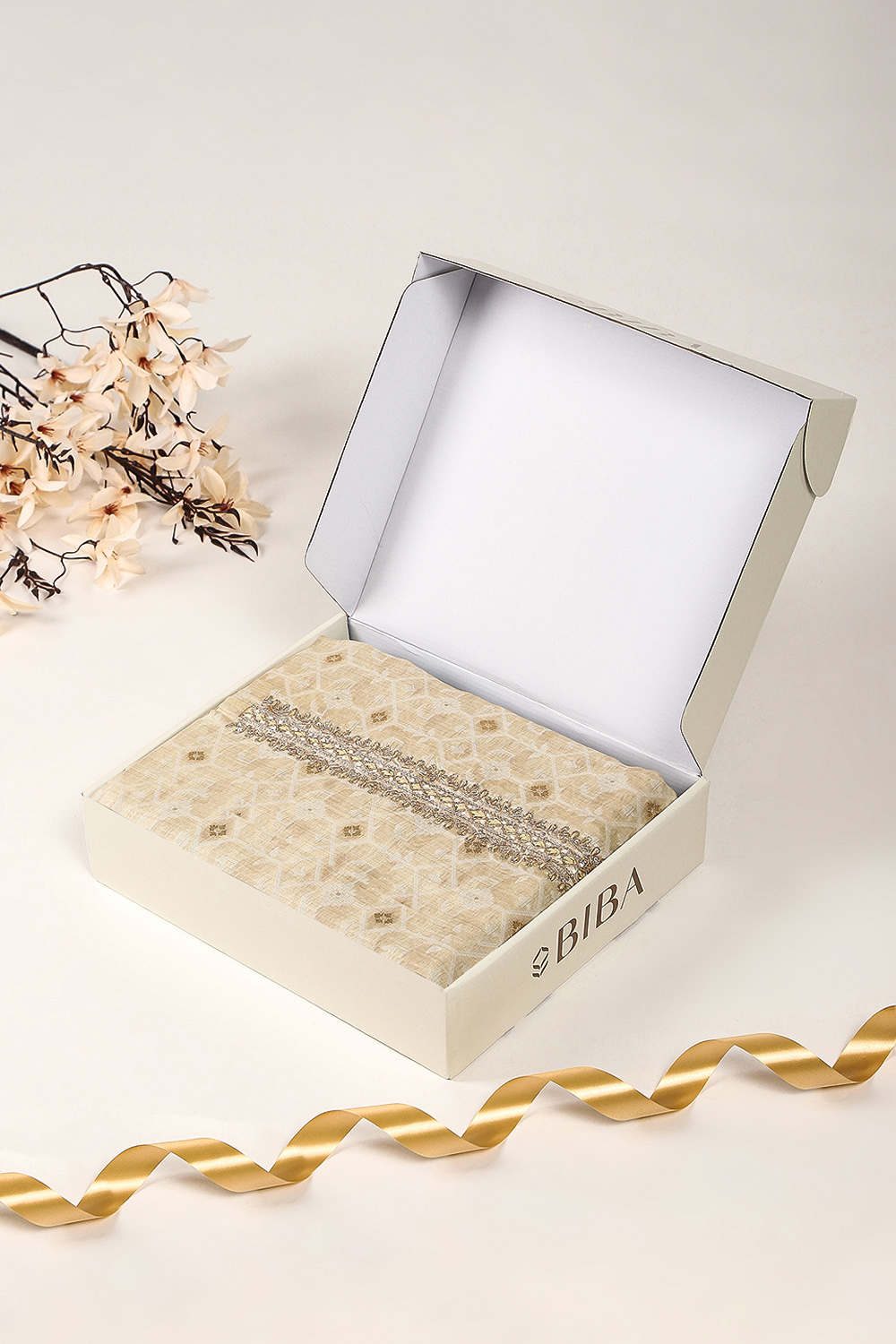 Beige Chanderi Jamdani Unstitched Suit Set image number 0